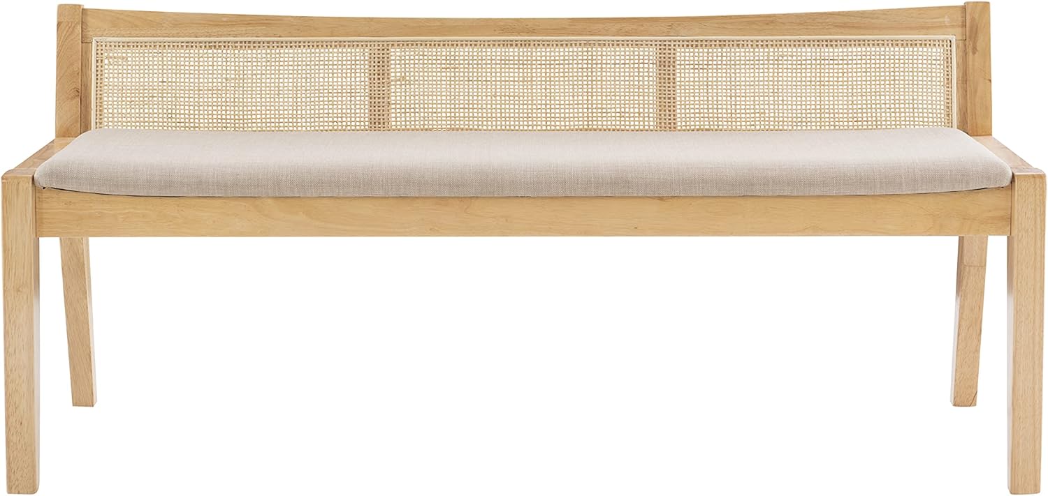 Powell Kasi Natural Low Back Cane Bench with Beige Upholstered Seat