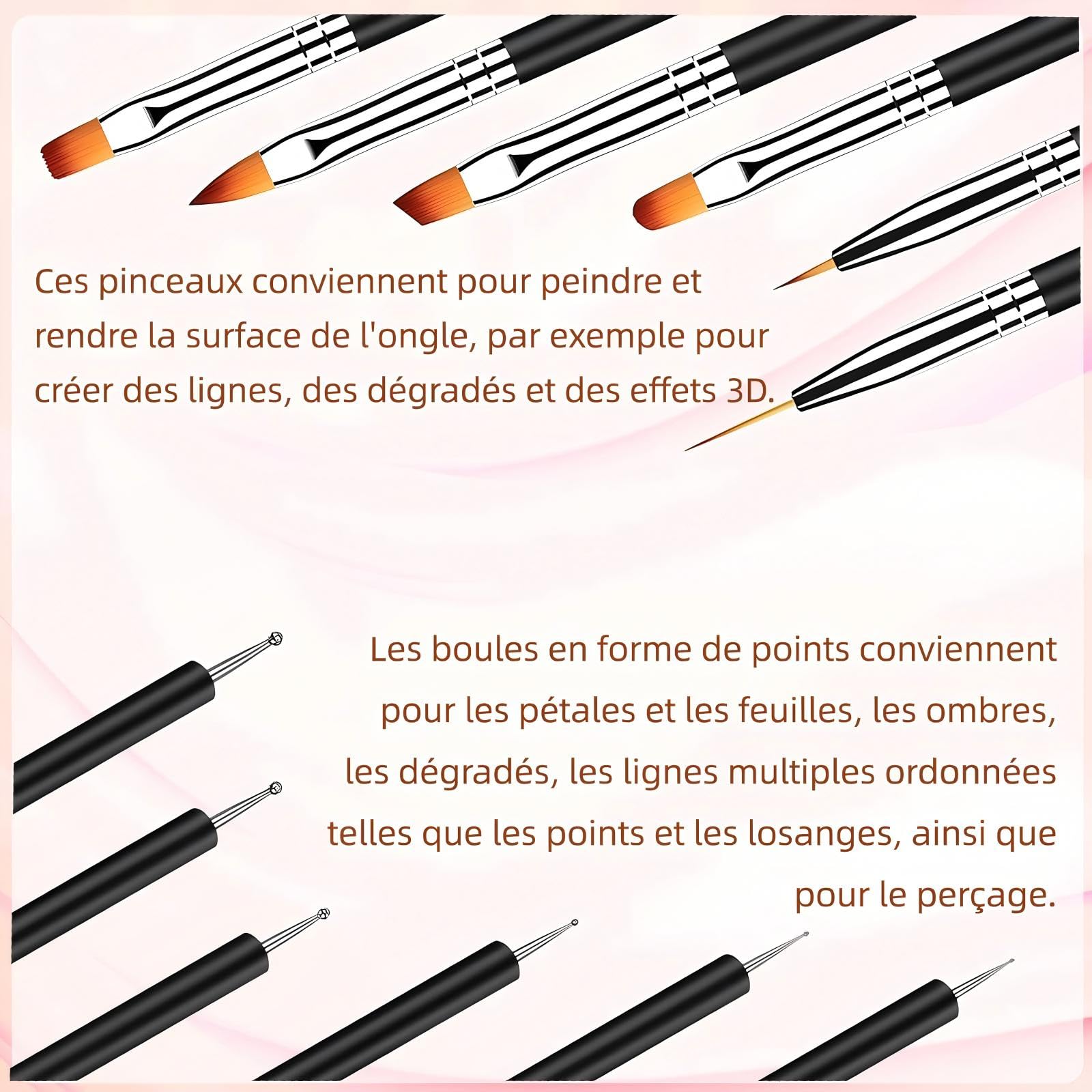 6 Pinceaux Nail Art，6 Stylos à Pointes Doubles, Kit d’Outils de Manucure pour Nail Art DIY à la Maison ou en Salon (Noir)