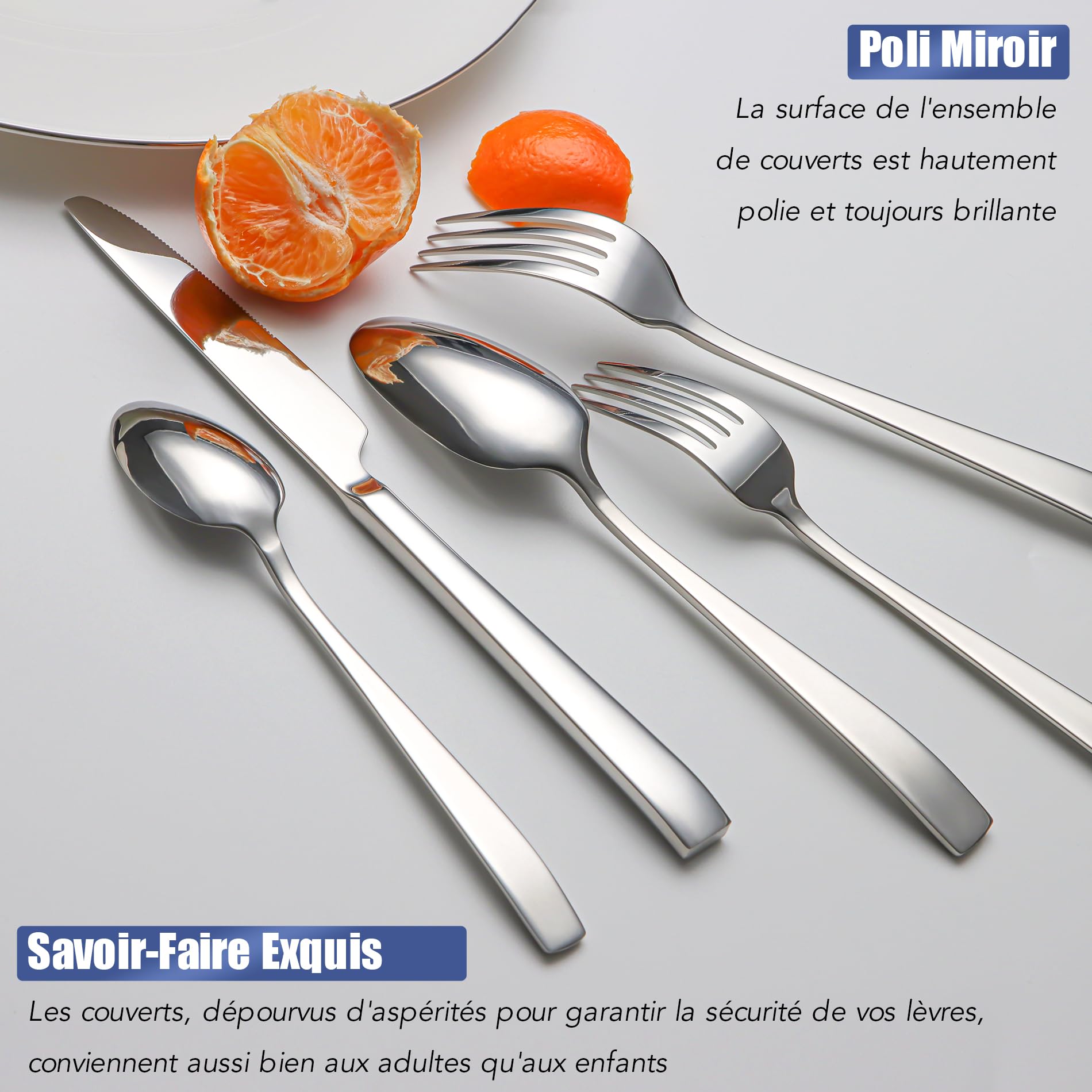 Lot de 20 couverts pour 4 personnes en acier inoxydable de qualité supérieure avec poignées uniques, couverts modernes polis miroir, passent au lave-vaisselle, avec couteau, fourchette