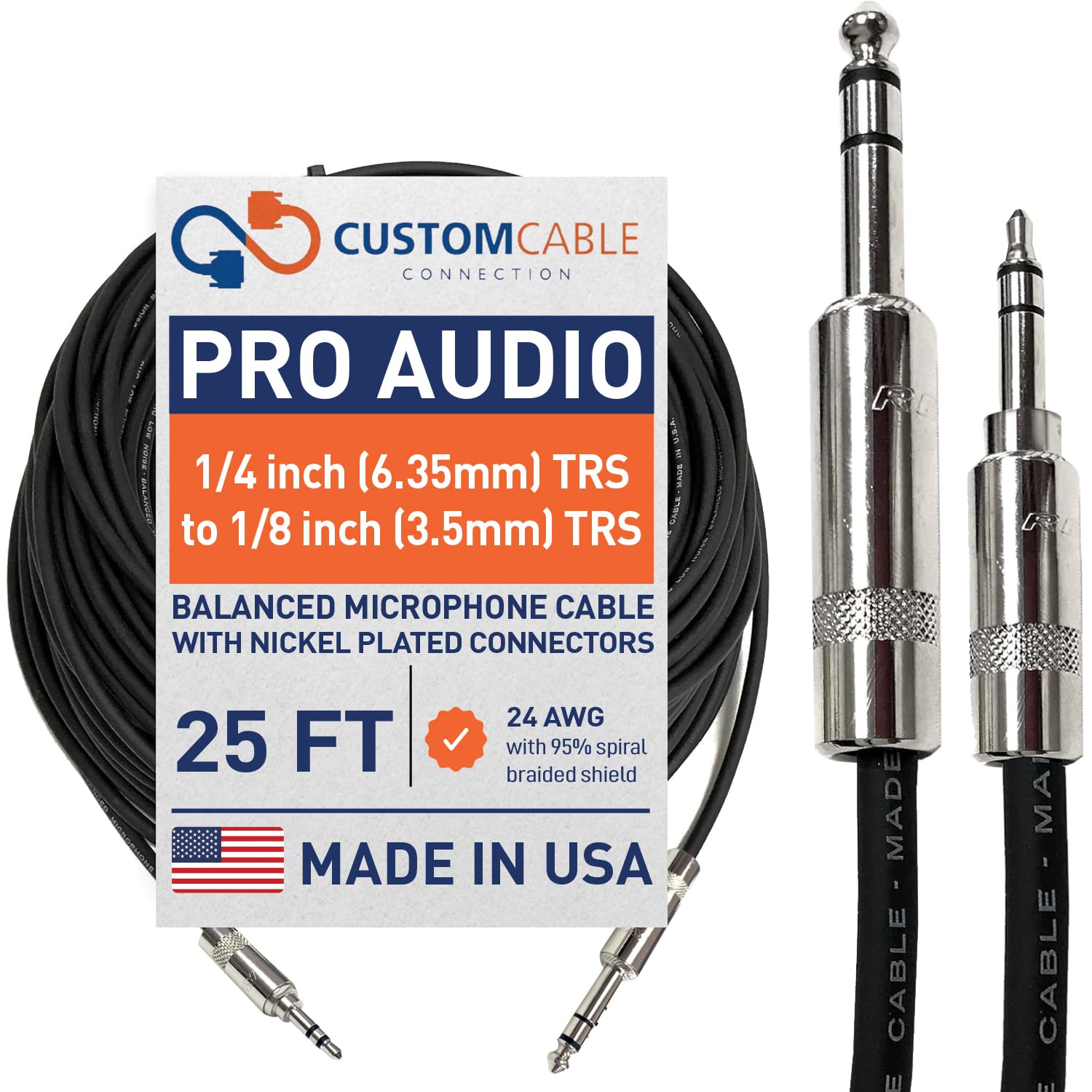 25 Foot Pro Audio 1/4 inch (6.35mm) TRS to 1/8 inch (3.5mm) TRS Balanced Cable by Custom Cable Connection
