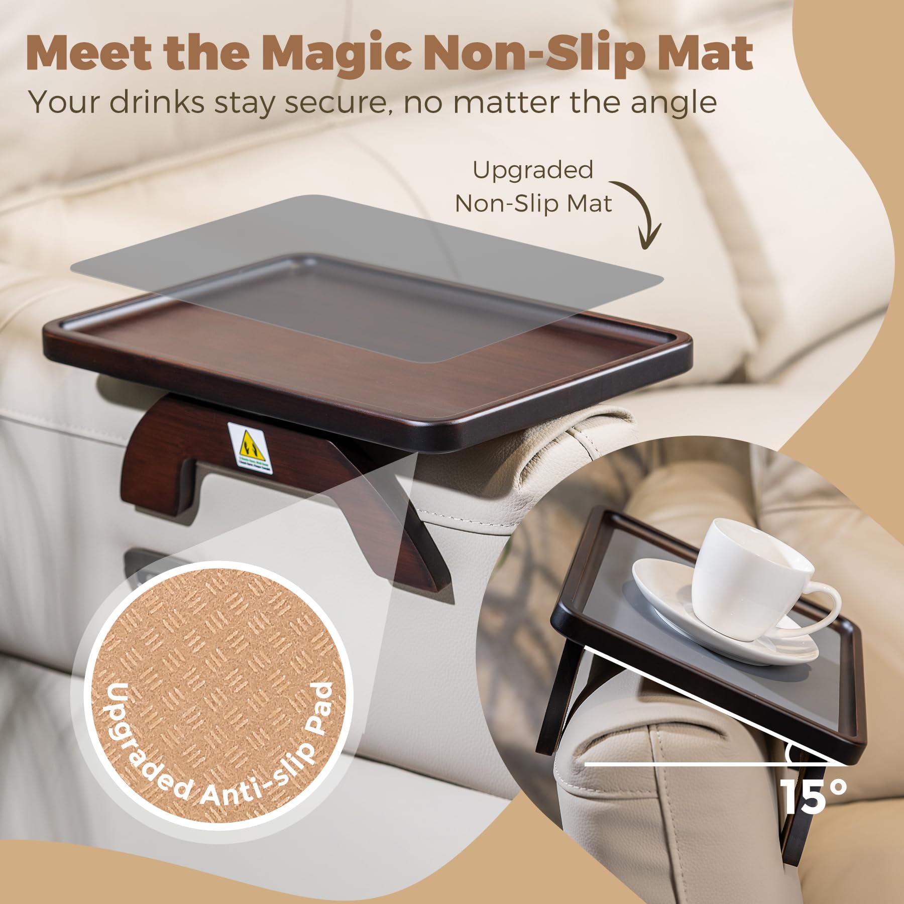 Mesa con reposabrazos de bambú natural para sofá, para bebidas, aperitivos, comer, control remoto, bandeja para brazo de sofá (marrón)