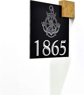 Modern Projecting Sign - Black Aluminum (ACP) and Fiber Laser Engraving - Marina Address Sign - Nautical Rudder Wheel - Ship Wheel Decor
