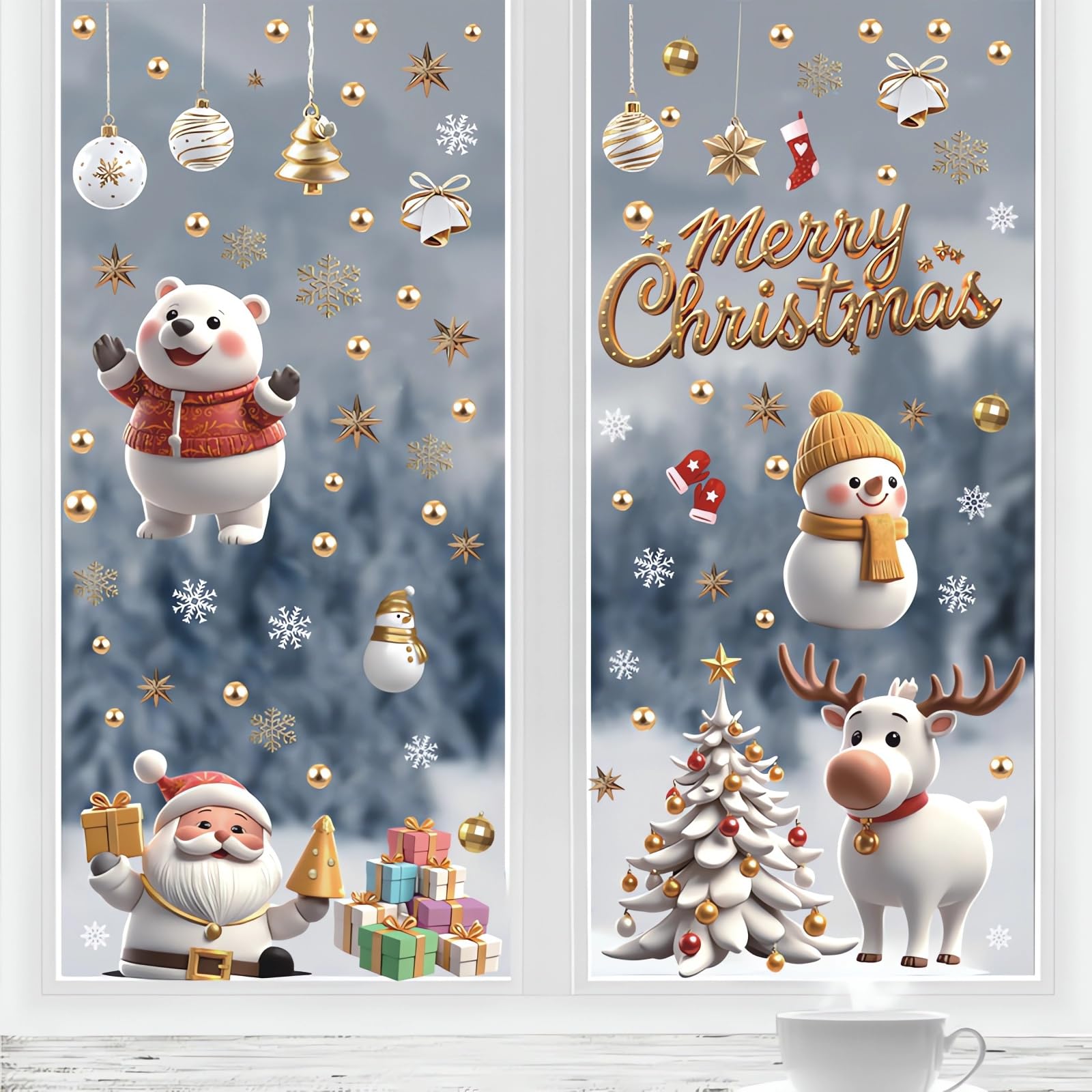 Disdarkday Golden White Christmas 5 Sheets Christmas Window Stickers, Reusable Cartoon Santa Claus Glass Window Decoration Static Sticker Elk Snowflake, Removable Static Clings For Xmas Decoration