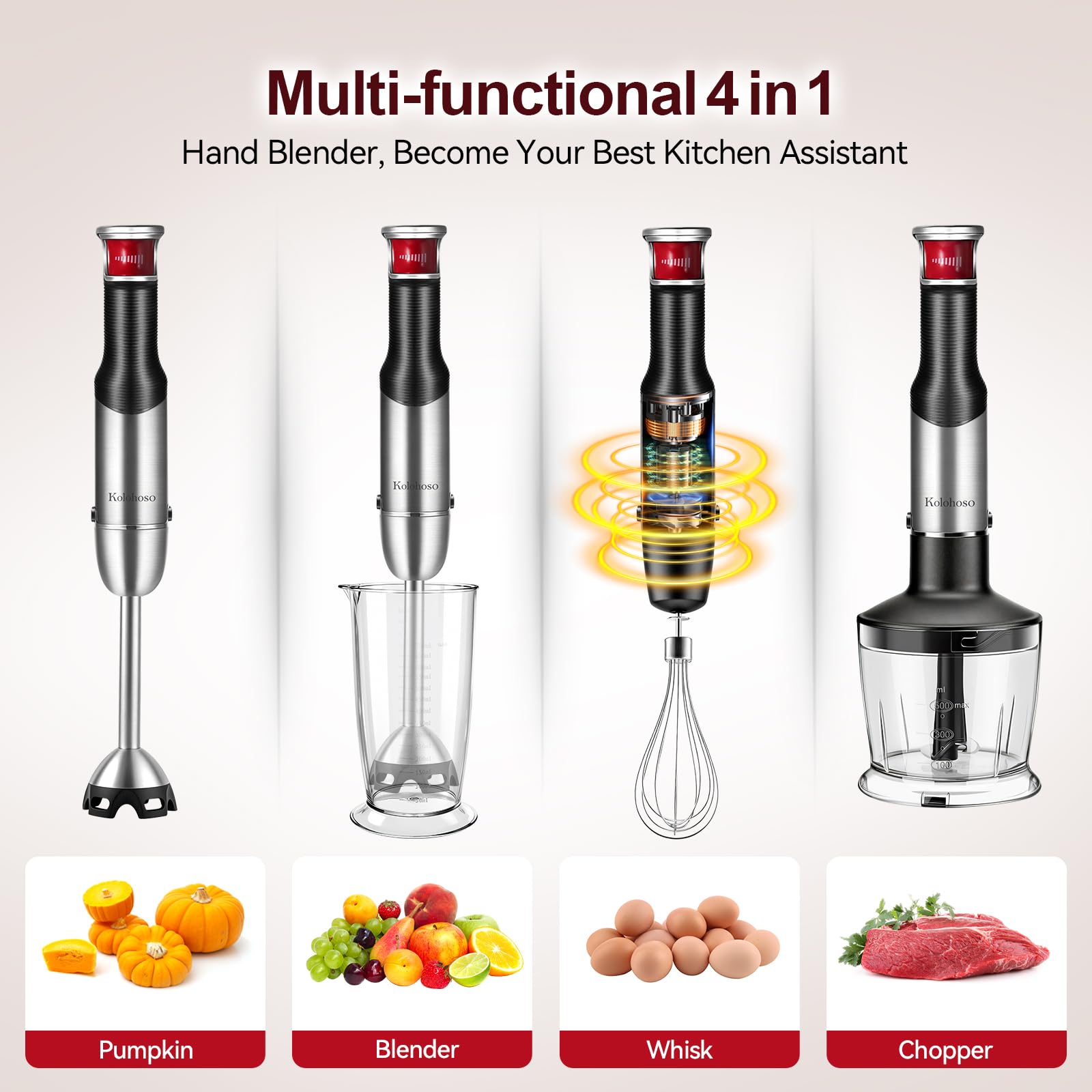 1500W Mixeur Plongeant 4 en 1 à Vitesse Variable et Démarrage Progressif | 4 Lames Plaquées en Titane, Mixer Plongeur avec Fouet, Hachoir et Verre Doseur de 700 ml pour Bébés de Soupes et de Sauces