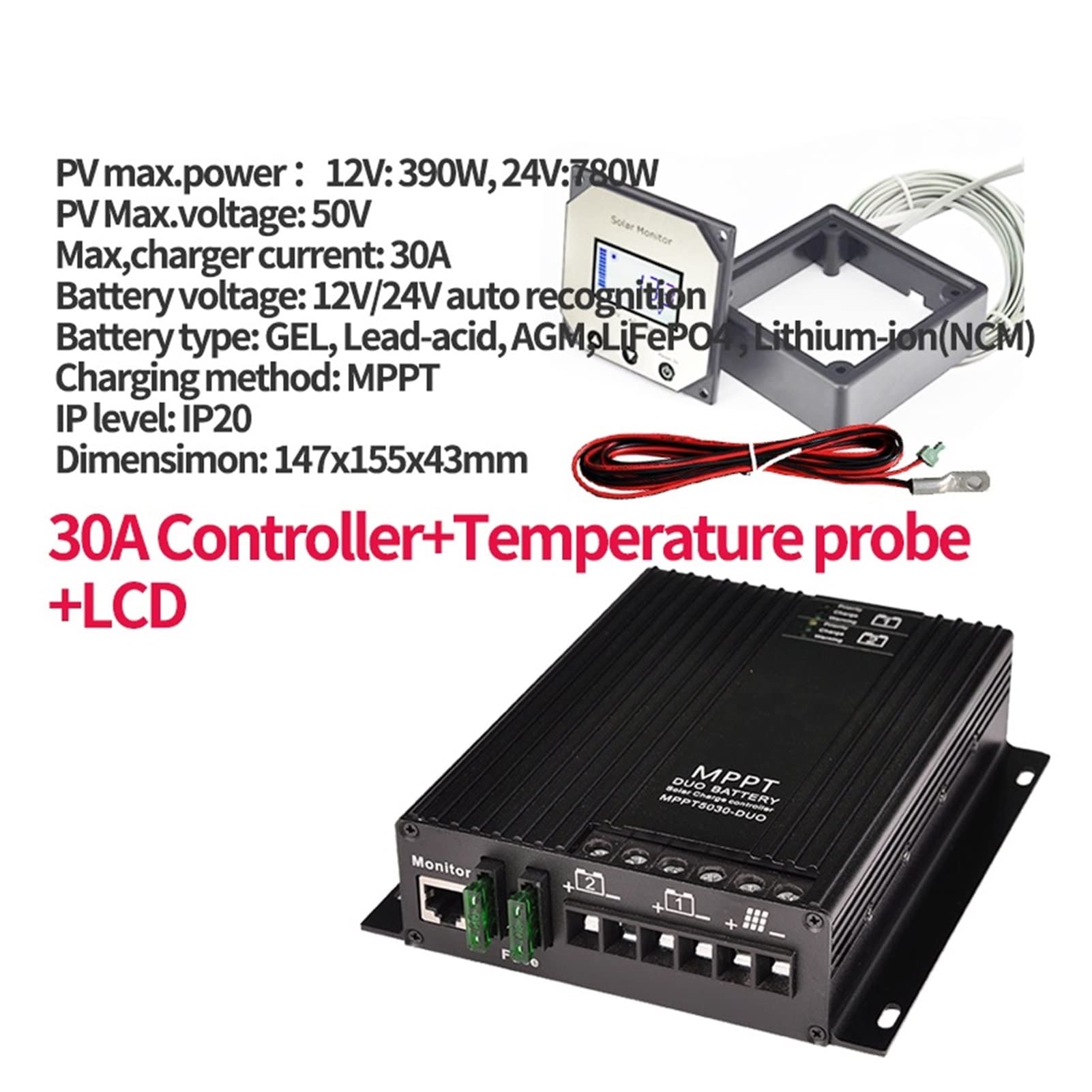 MPPT 3 Kontroler 0A 1 2v 24 V. Podwójny kontroler ładowarki słonecznej z sondy temperatury LCD Wyświetlanie napięcia i ilości Wysoka wydajność(30A LCD NTC)