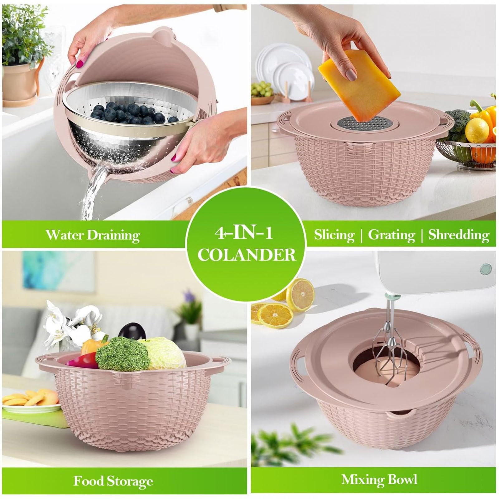 Colador 4 en 1 con juego de tazones para mezclar, coladores de alimentos y coladores para cocina, colador giratorio para pasta y arroz, colador de cocina con rebanador de