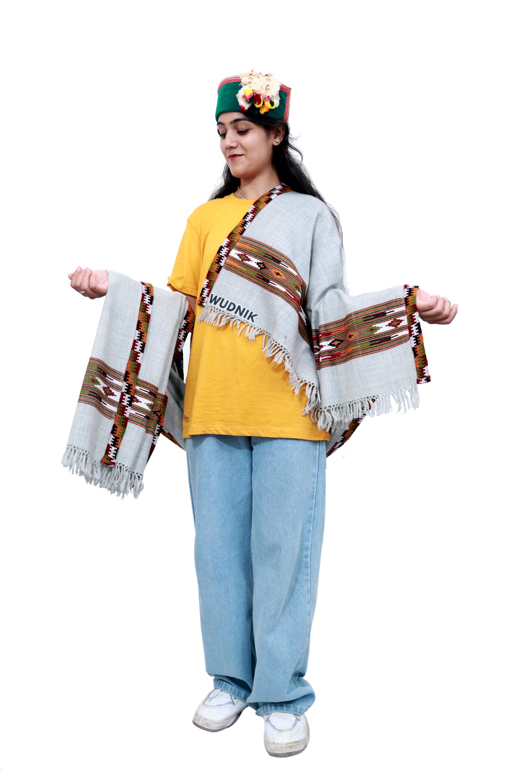 WUDNIK Women's Kullu Woollen Shawl, Grey with Tribal Border-picture-20