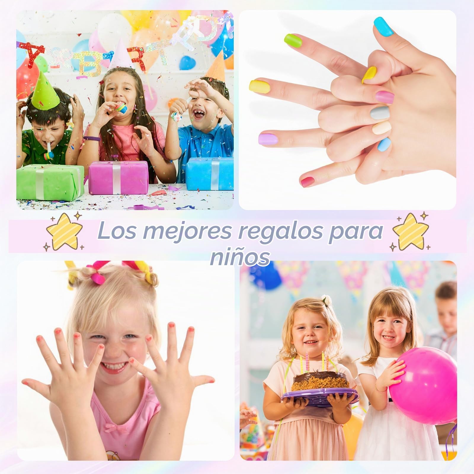 Juego de Esmalte de Uñas Pelables para Niñas – 5 x 5ml Colores con Purpurina, Secado Rápido, a Base de Agua + 2 Hojas de Pegatinas – Kit de Regalo Infantil