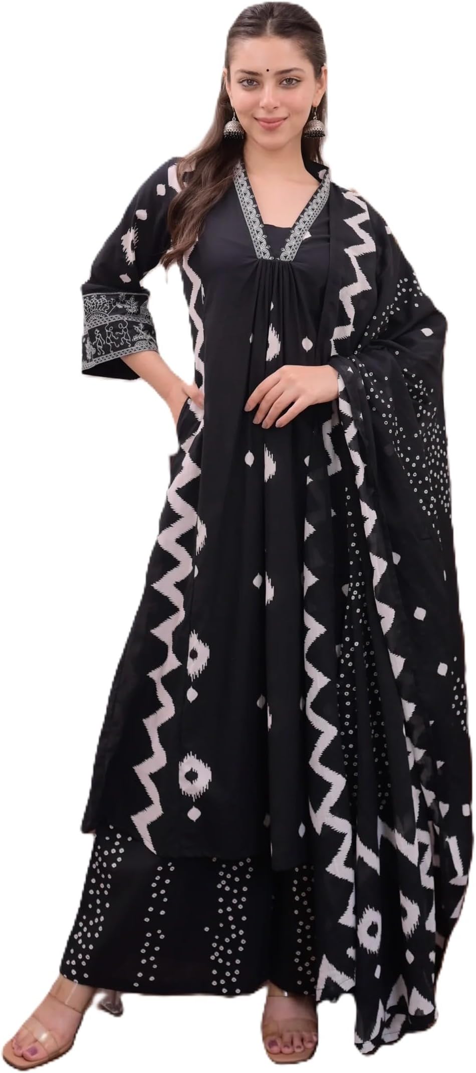 AraynaWomen's Pure Cotton Block Printed Ethnic Wear Kurta Set with Palazzo Pants & Dupatta