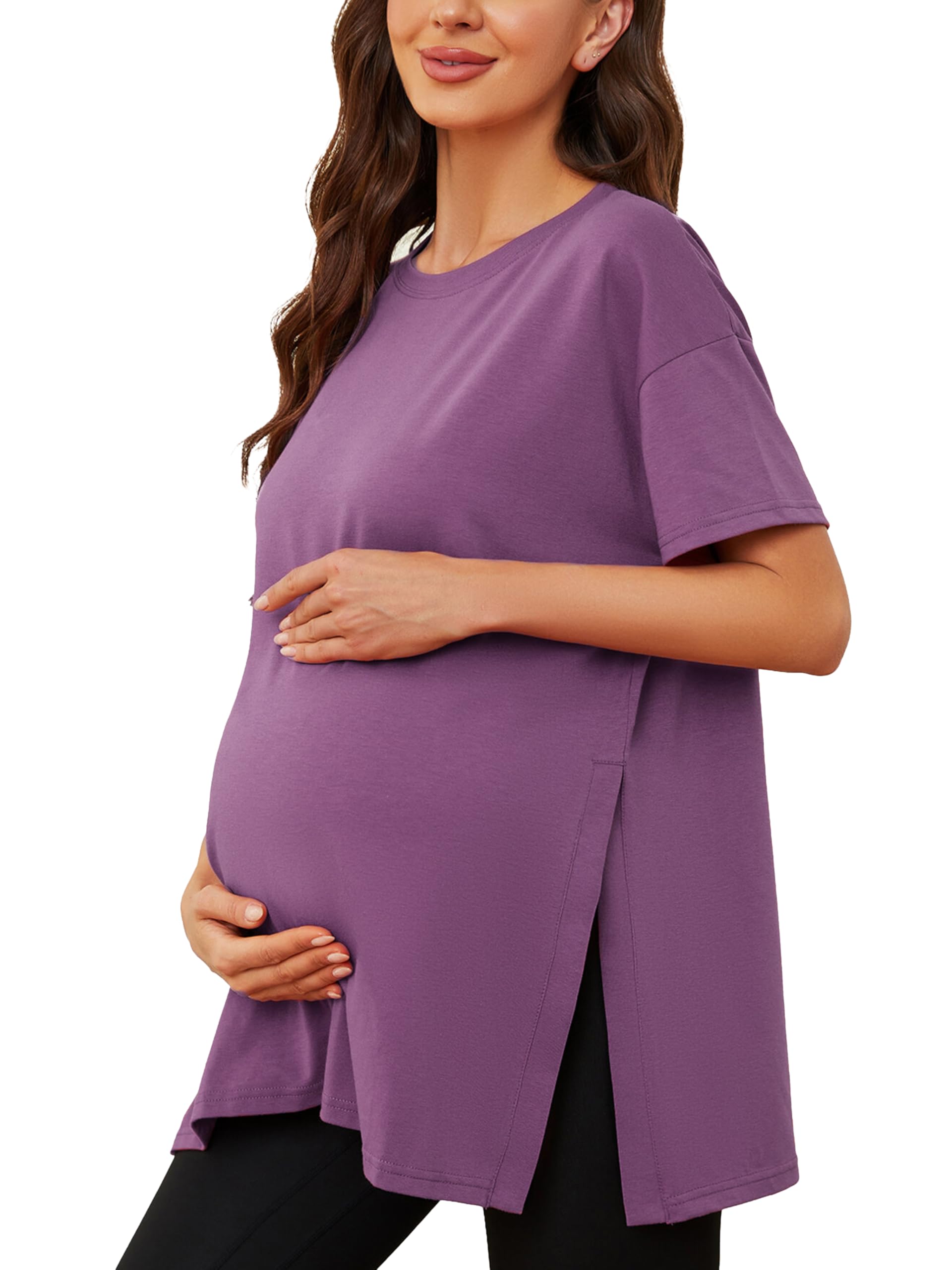 Ecavus Women's Casual Maternity Shirts Split Side Pregnancy Tops Blouses Short Sleeve Loose Fit Maternity Clothes Purple