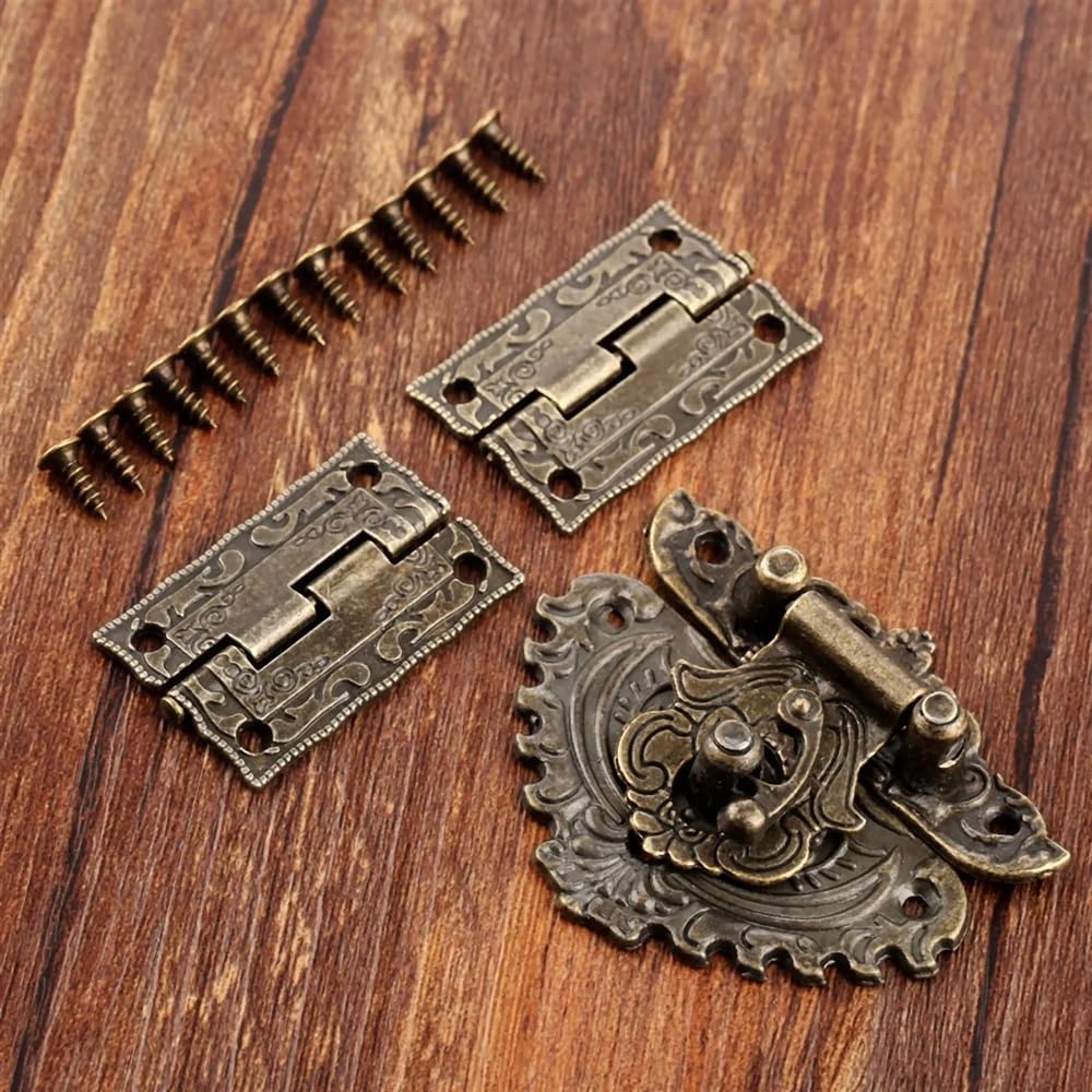 Candado de bronce antiguo para caja de madera + bisagra de armario de maleta, accesorios decorativos retro (3 juegos)