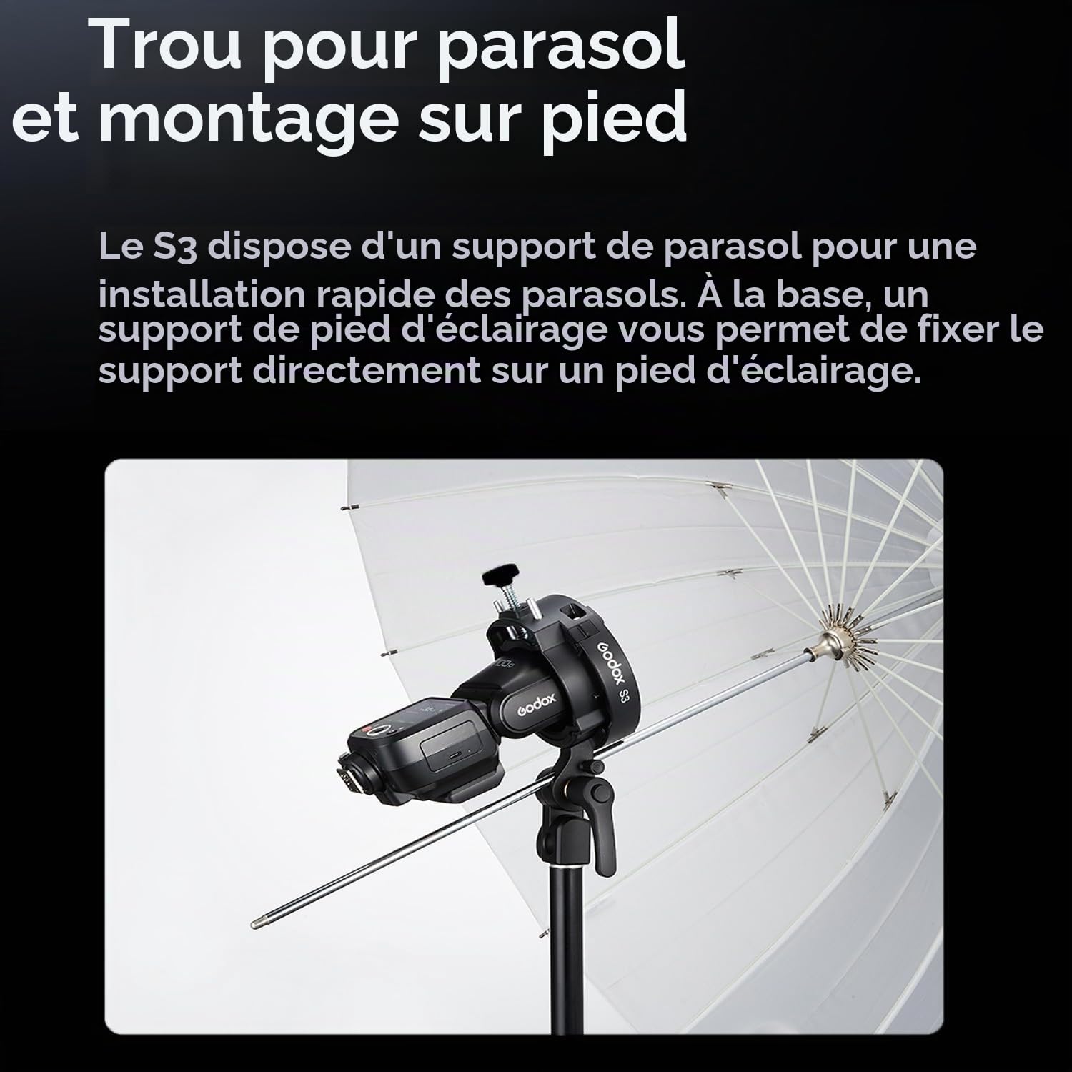 Godox S3 Support Flash (𝐒𝟐 𝐔𝐩𝐠𝐫𝐚𝐝𝐞), avec Baïonnette Bowens et Sabot Froid pour Godox AD200Pro, AD300Pro, AD400Pro, AD100Pro, V1, V860III, TT600, TT350. Support Flash pour Softbox et Snoot.