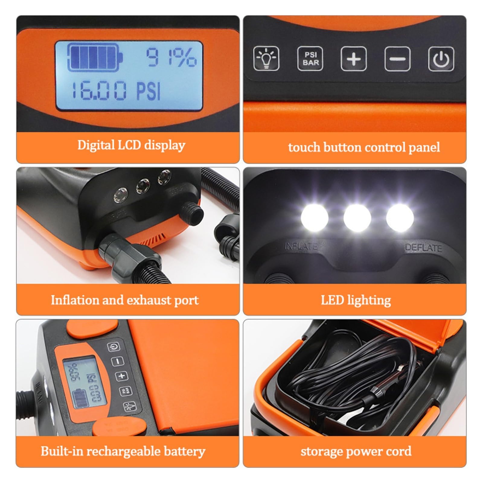 Inflador Electrico, Bomba de aire eléctrica desinflable recargable de 6000 mAh, 12 V CC, 110 W