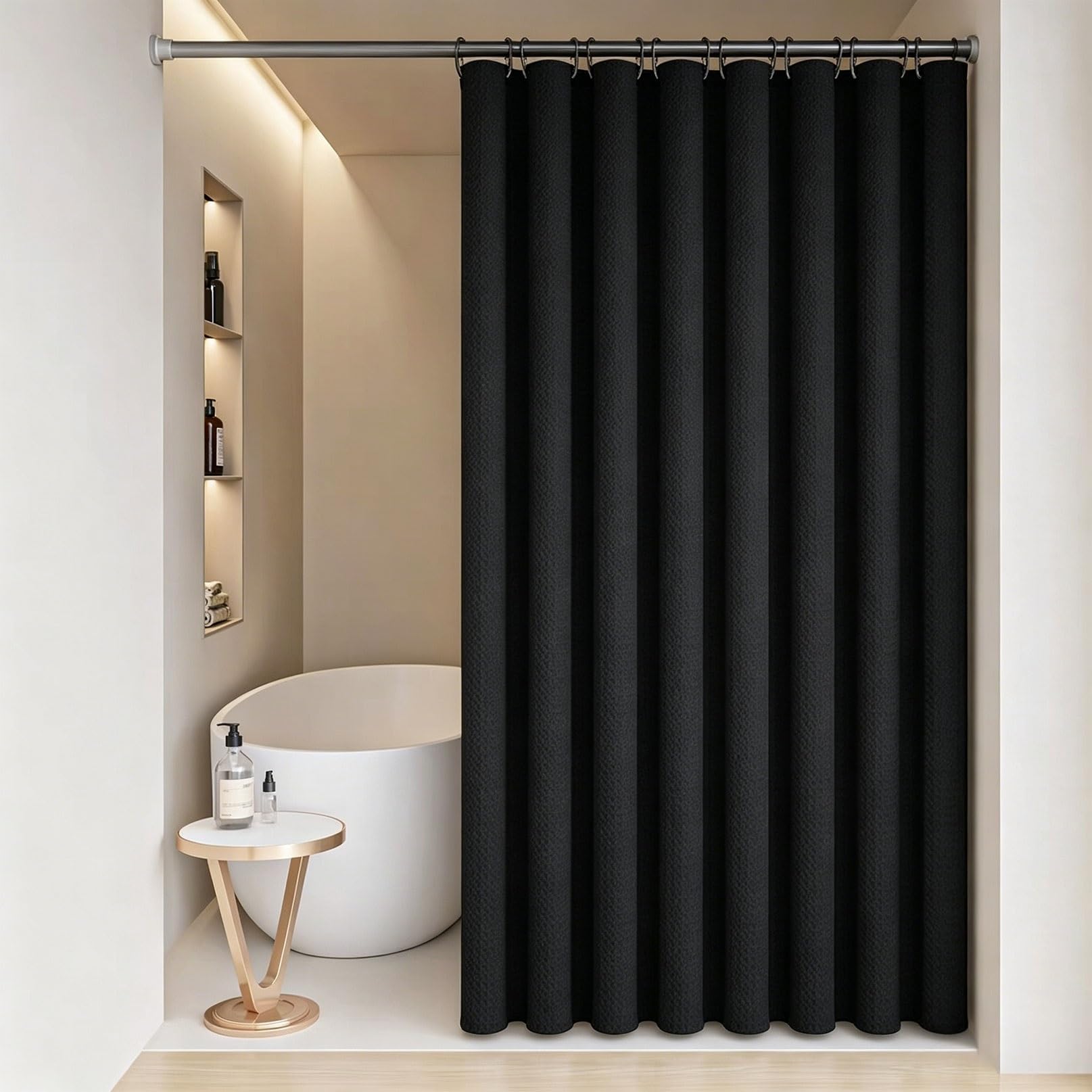 Rcyongq Black Shower Curtain For Bathroom Water And Mould Resistant Fabric, Waffle Bath Curtains Includes 12 Pcs Curtain Hooks, Quick-Drying, 230G/㎡ For Bathroom Wet Room Tub(,180X180cm)