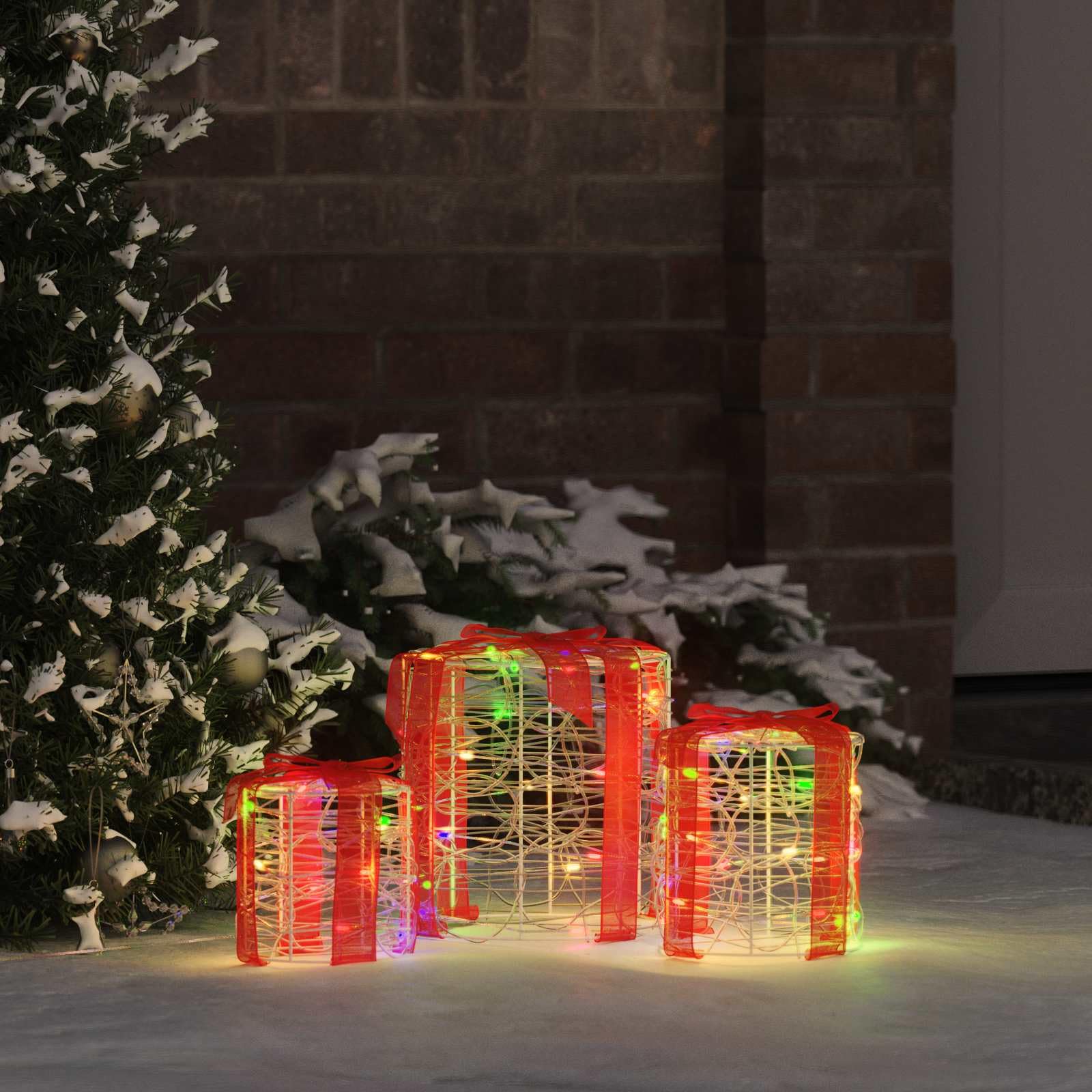 Pudełko na prezent, dekoracja, 3 sztuki, kolorowe akryle, 20 x 20 x 21 cm, z paskami LED, zasilane przez USB, do dekoracji choinki i świątecznej dekoracji salonu