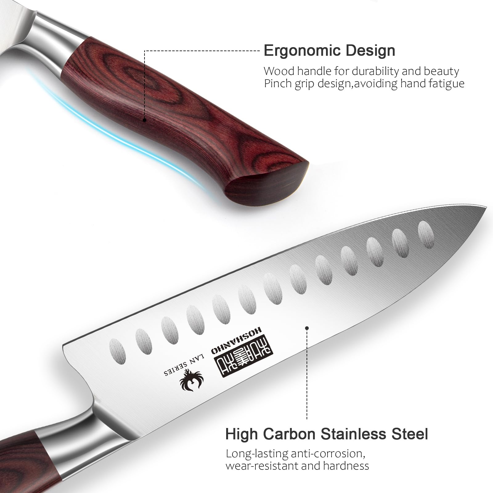 HOSHANHO Couteau Santoku 18cm, Professionnel Couteau de Cuisine, Couteau de Chef Japonais Ultra Tranchant, Couteau de Cuisine à Acier à Haute Teneur en Carbone avec Ergonomique en Bois