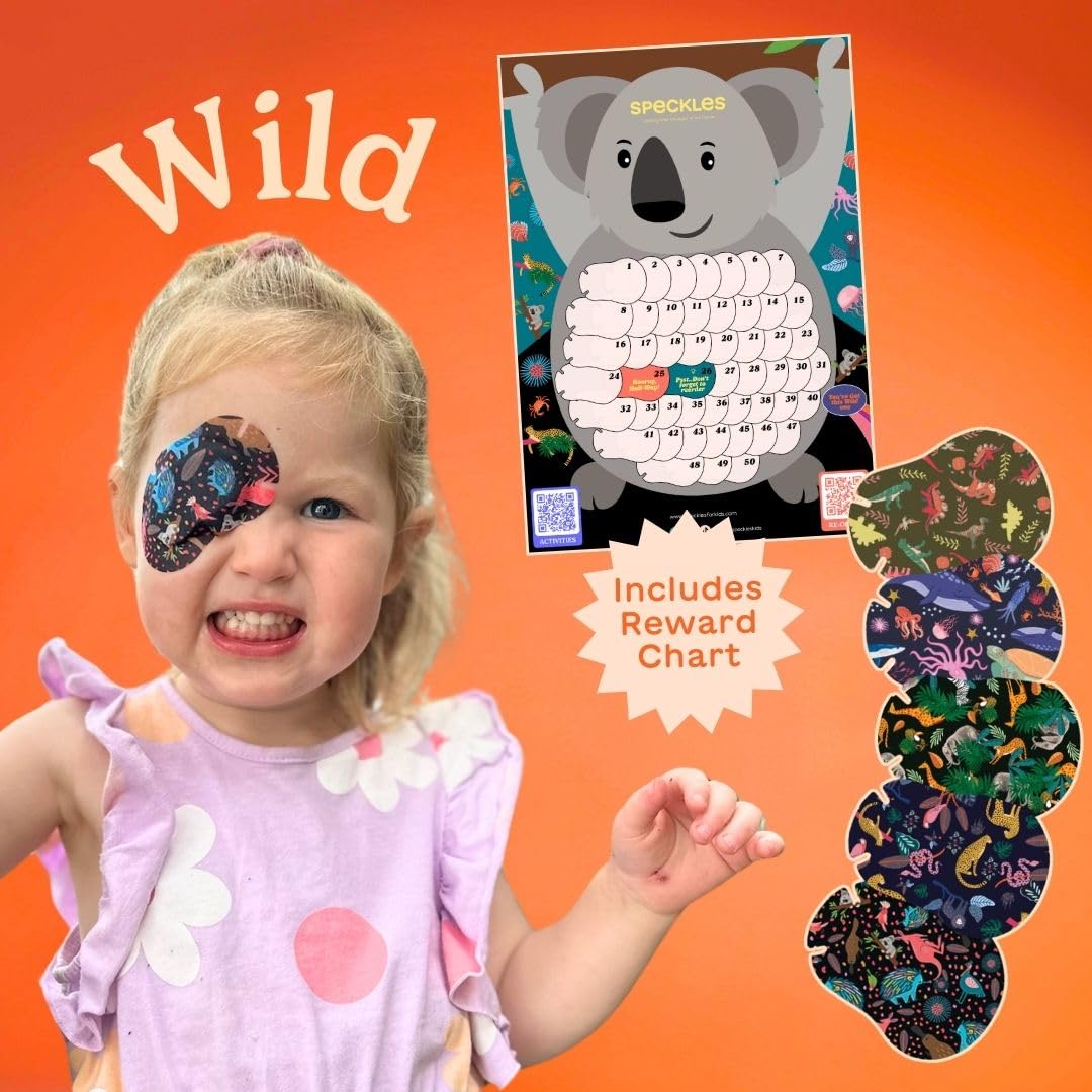 HIDE&SEE Speckles Augenklappen für Kinder, lustige und bequeme hypoallergene Pflaster für Amblyopie-Behandlung für Jungen und Mädchen, inklusive Belohnungstabelle, 50 Stück