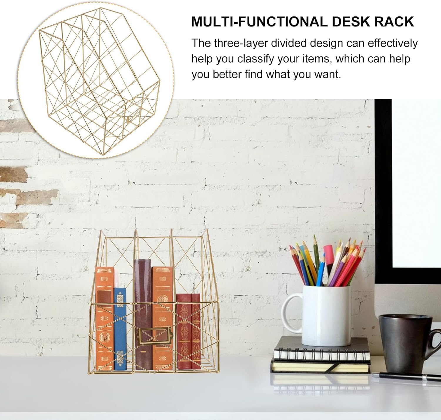 Three-Tiered Iron Desktop Storage Rack, Vertical Document Organizer for Office and Home, Gold File Holder Shelf for Office Supplies and Workspace Organization