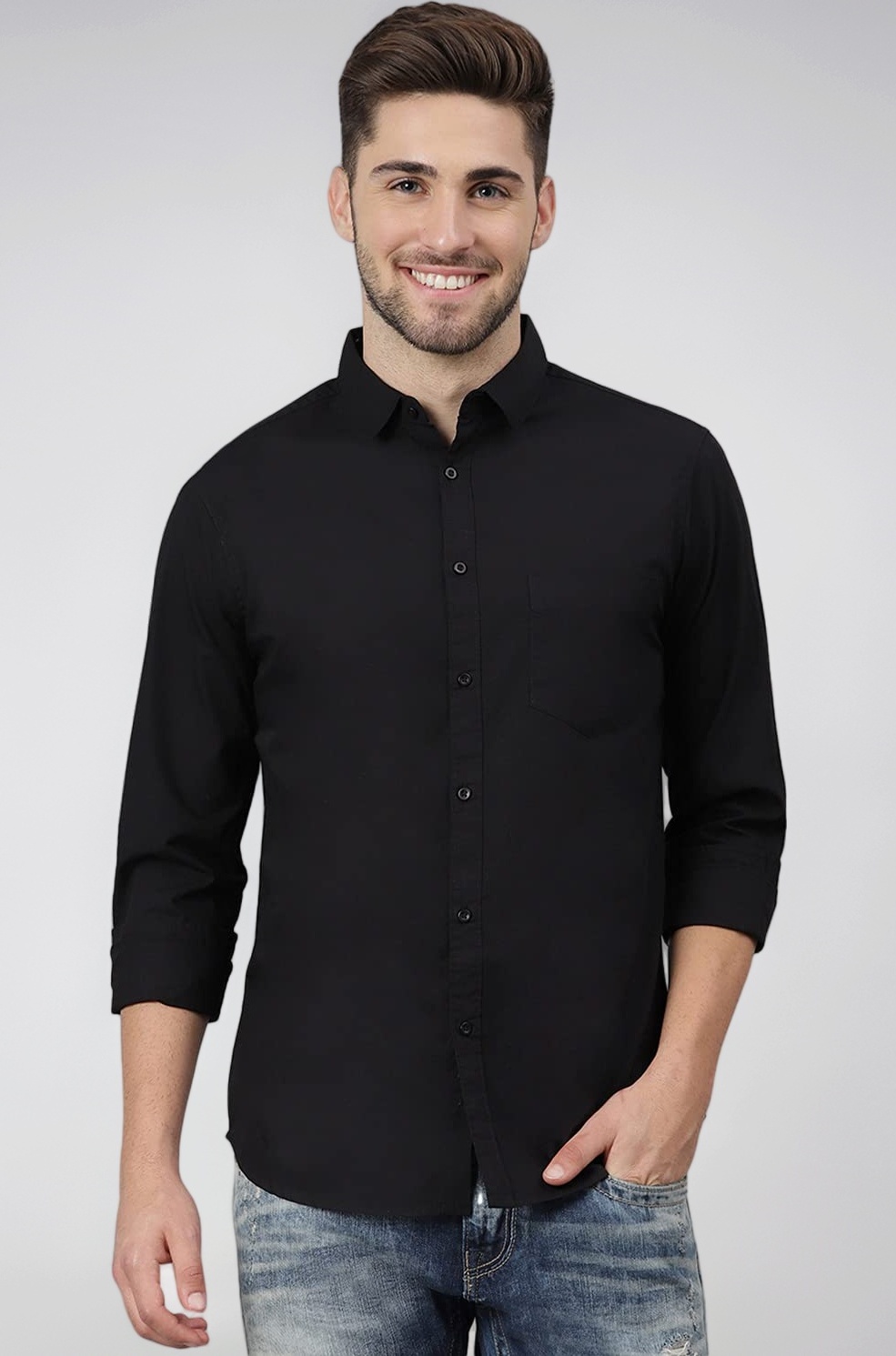 Men's Cotton Black Solid Casual Shirt (C301_Black_M)