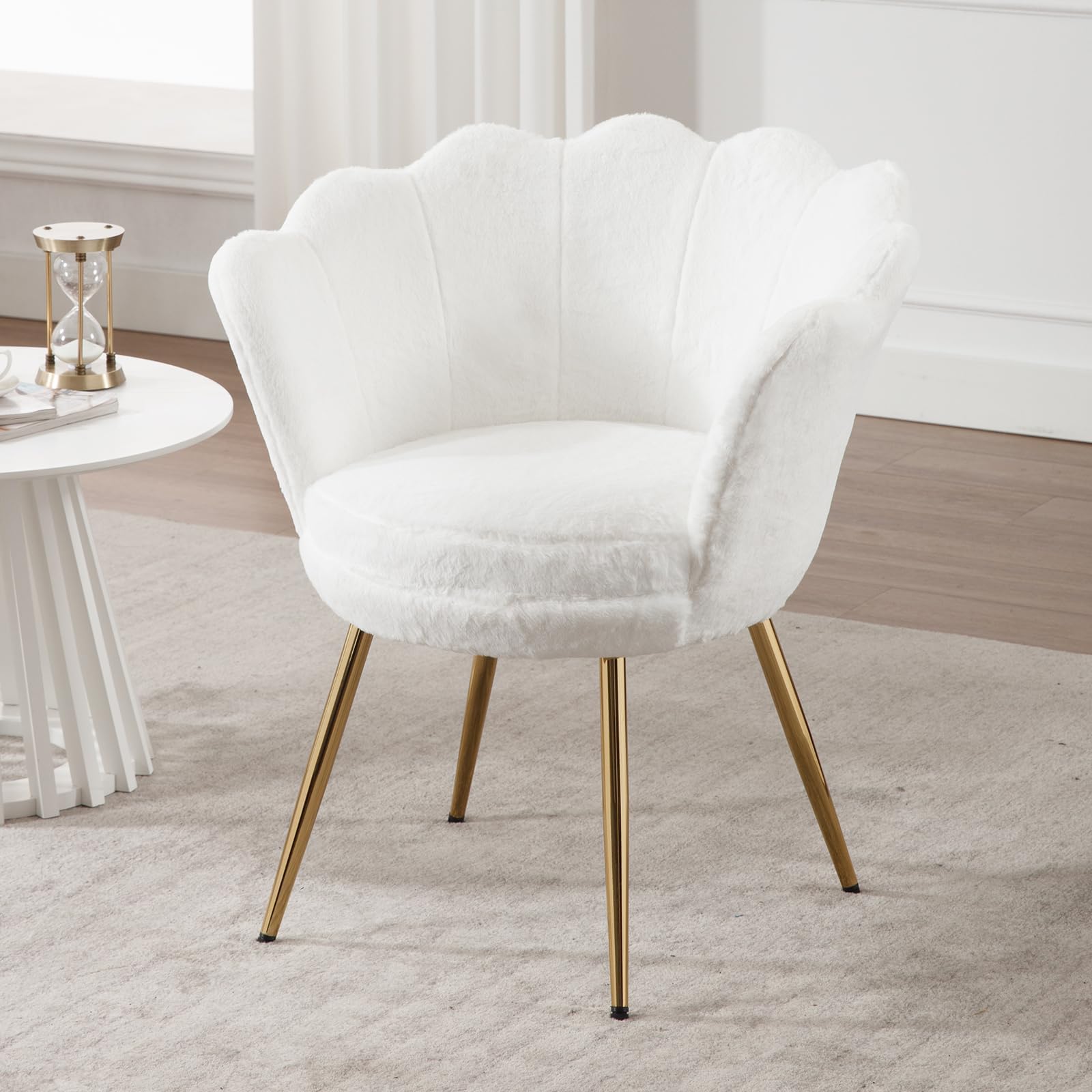 Ya-Home Faux Fur Accent Chair Upholstered Lounge Armchair with Golden Legs, Modern Petal Side Chair for Living Room/Bedroom, White