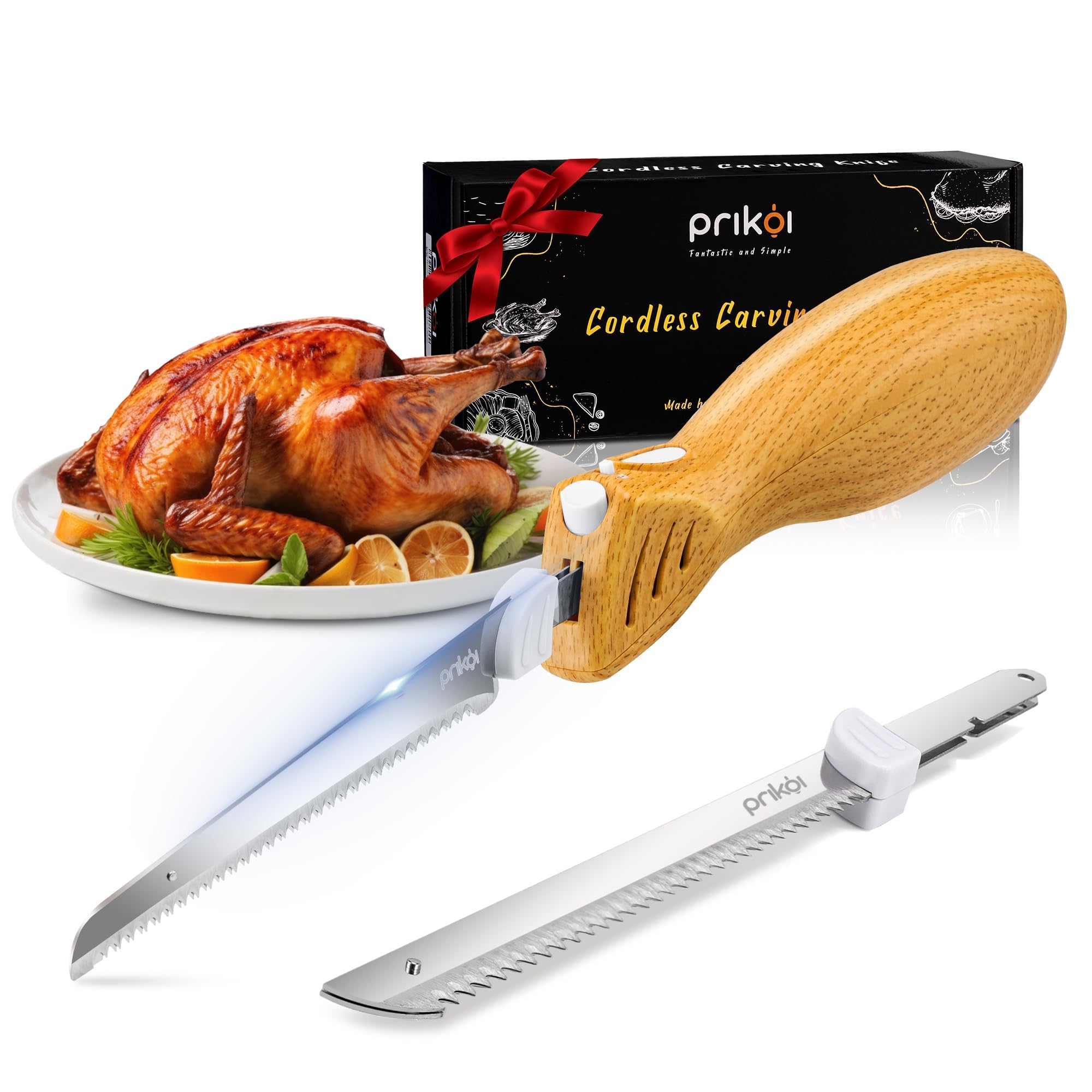 Cordless Electric Knife, Carving Knife Set, Easy-Slice Serrated Edge Blades for Meat, Turkey, Bread, Fillet, DIY, Ergonomic Handle + 2 Blades (New Upgrade)