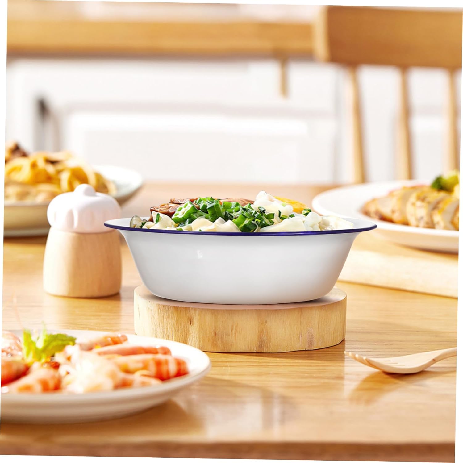 4 Pcs Enamel Serving Bowls Classic Round Mixing Bowls with Rim Unbreakable Lightweight Kitchen Easy Clean