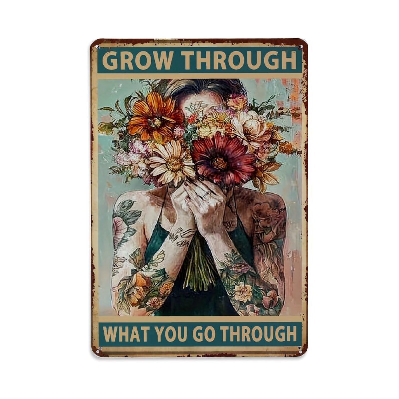 Jdyaojiesheng Vintage Floral Tattooed Woman Holding Bouquet Tin Sign Retro Metal Wall Decor Metal Poster, Home Bar Garage Farmhouse Cafe Wall Art Decoration 8X12inches