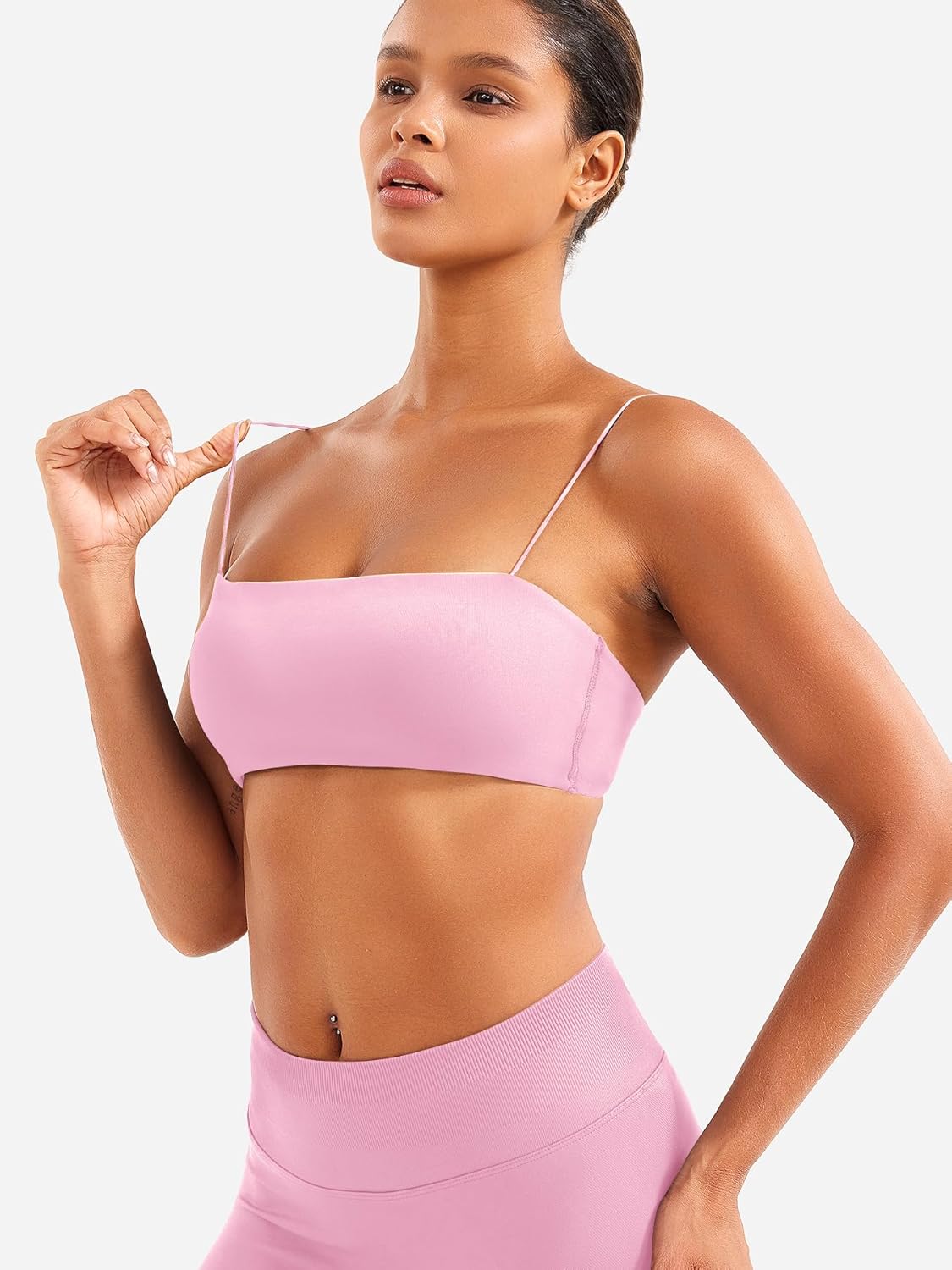 VOYJOY Women Spaghetti Strap Sports Bra Padded Low Support Seamless Impact Cami Square Neck Workout Yoga Bra Crop Top - Image 3