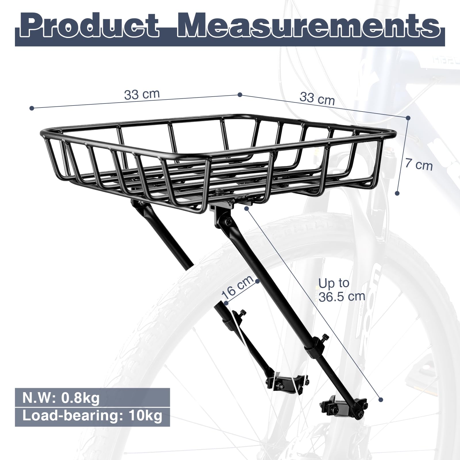 WEEROCK Fahrradkorb mit vorderem Gepäckträger, breiter Fahrradkorb mit Stützstangen, Aluminium-Vorderradkorb für Mountainbike, Beachbike und Rennrad