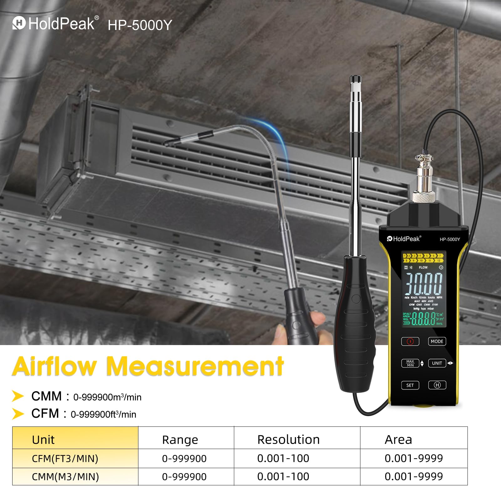 HOLDPEAK Anemómetro digital de alambre caliente CFM CMM medición temperatura sonda telescópica pantalla iluminada USB