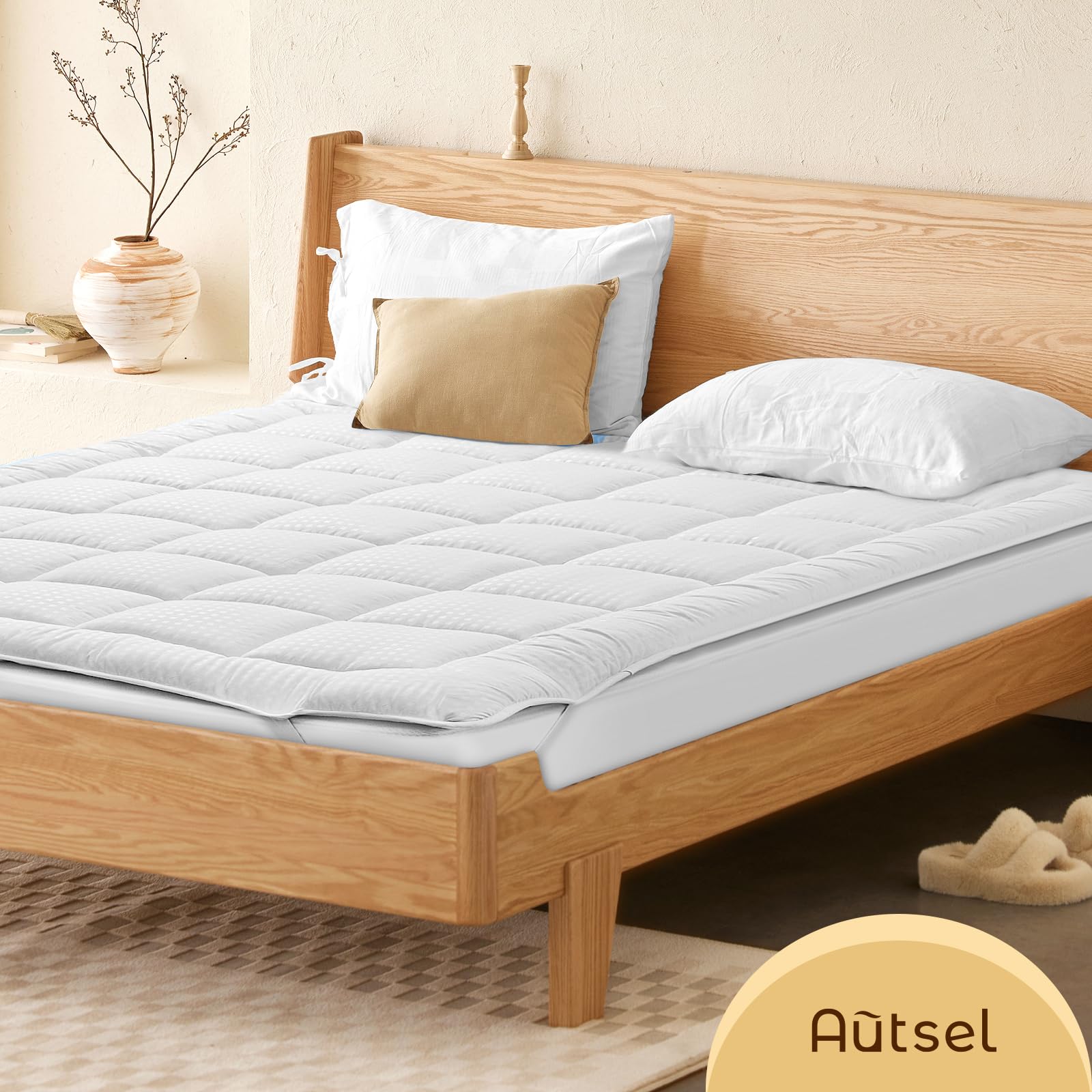 Autsel 3D Topper Matrimoniale 140 x 190cm Extra-Morbido Topper Materasso Trapuntato Antiallergico Coprimaterasso (Bianco)