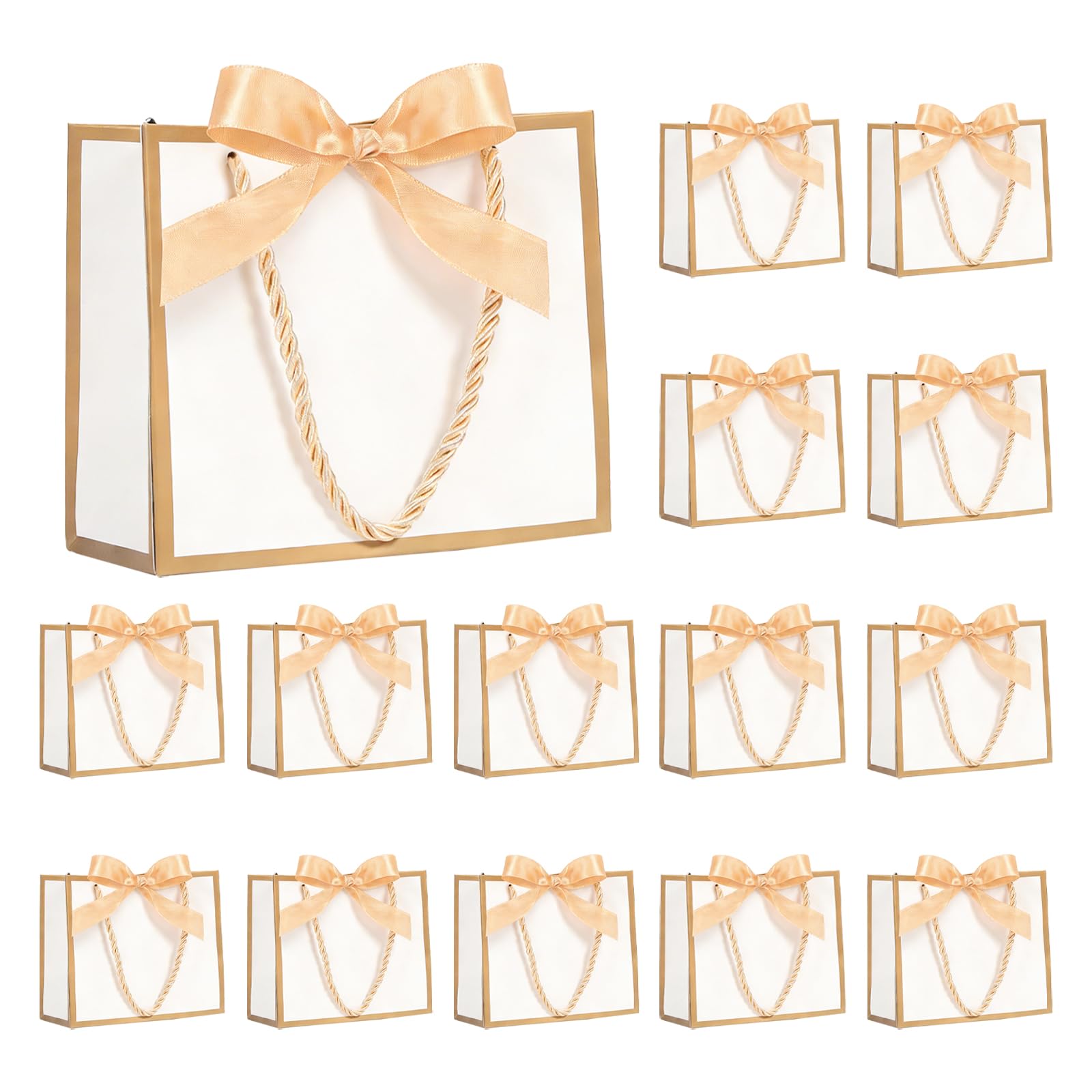 Small Gift Bag, 15 Pcs Paper Gift Bags with Gold Bow Ribbon, Luxury Paper Bags with Handles for Wedding Party Christmas Valentines Bridesmaid - 14x6x12cm (White)