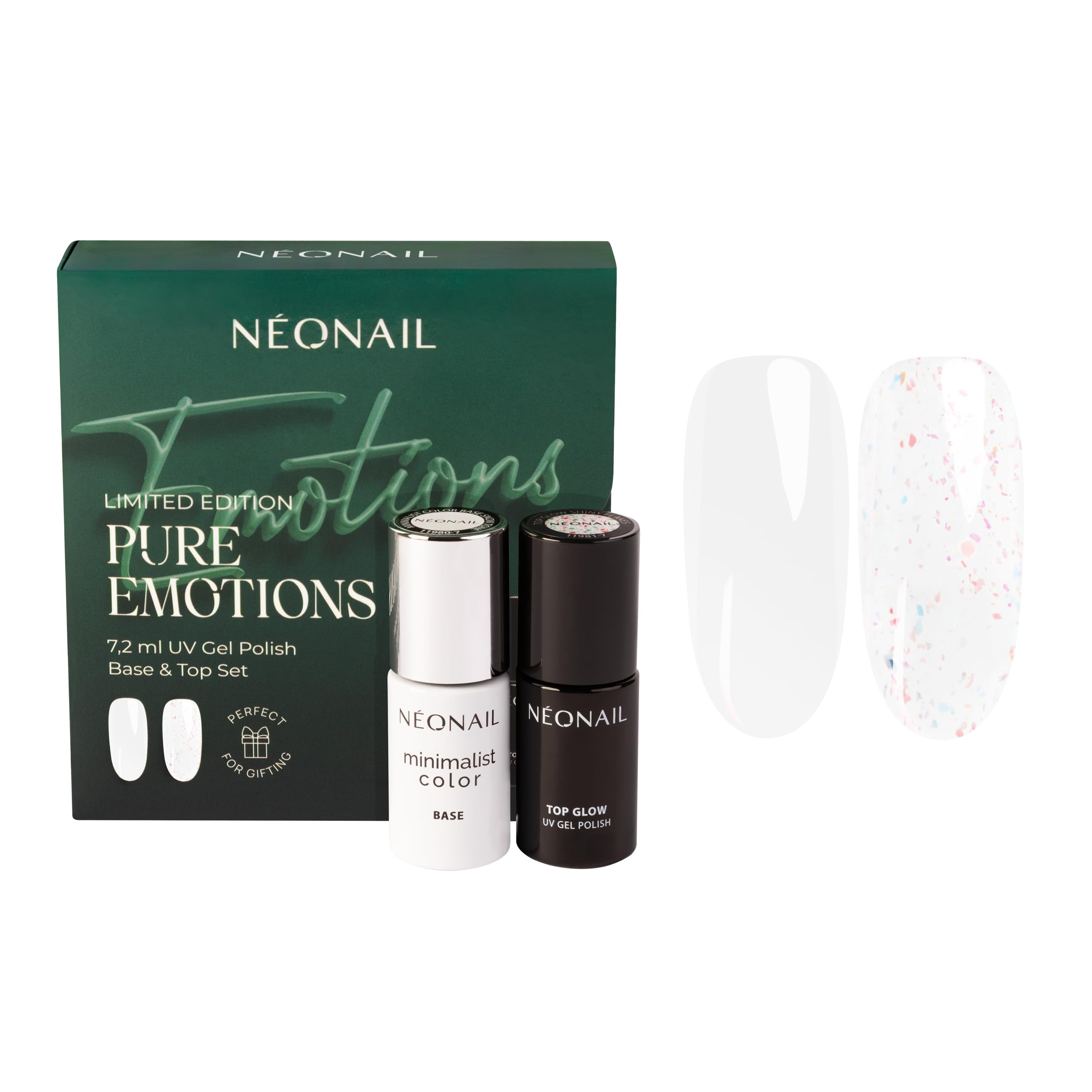 NÉONAIL Zestaw do Manicure Hybrydowego PURE EMOTIONS - baza & top - Minimalist Color Base Snow Tone 7,2 ml & Top Glow Shiny Flakes 7,2 ml