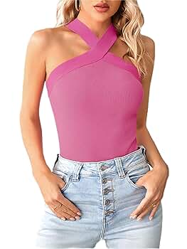 【yo BIOTOP】cashmere halter bare top Bodosalia Women Criss Cross Halter Tank Top Solid Ribbed