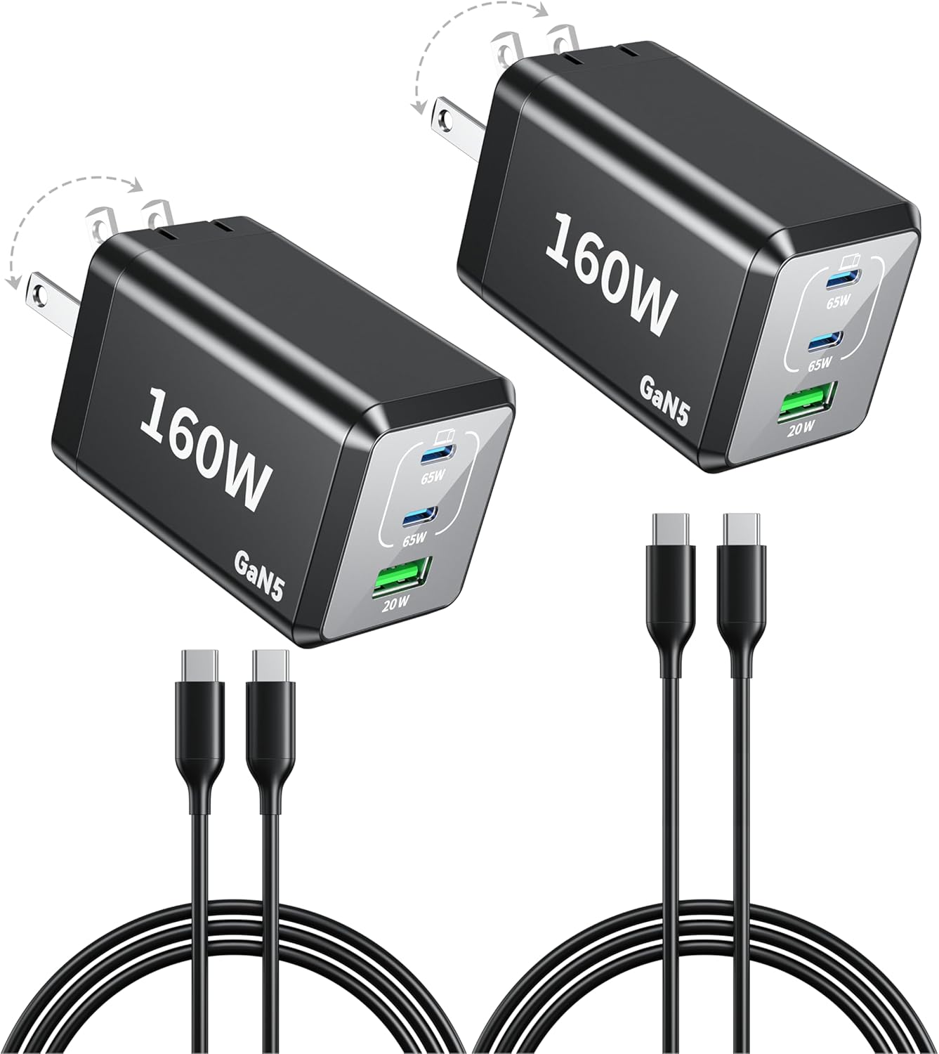 2 Pack USB C Fast Charger 160W Compact Foldable 3 Port Charging Station Hub Brick Block PD PPS 65W Laptop Charger for iPhone 16 16Pro Max MacBook Pro/Air/iPad Pro/Galaxy S24/Note 22/Dell XPS