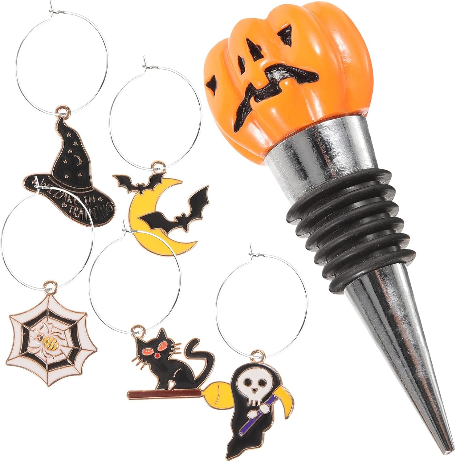 TIDTALEO Halloween Pumpkin Wine Stoppers Set 5pcs Zinc Alloy Decorative Bottle Stopper and Wine Glass Ring Set for Party Accessories