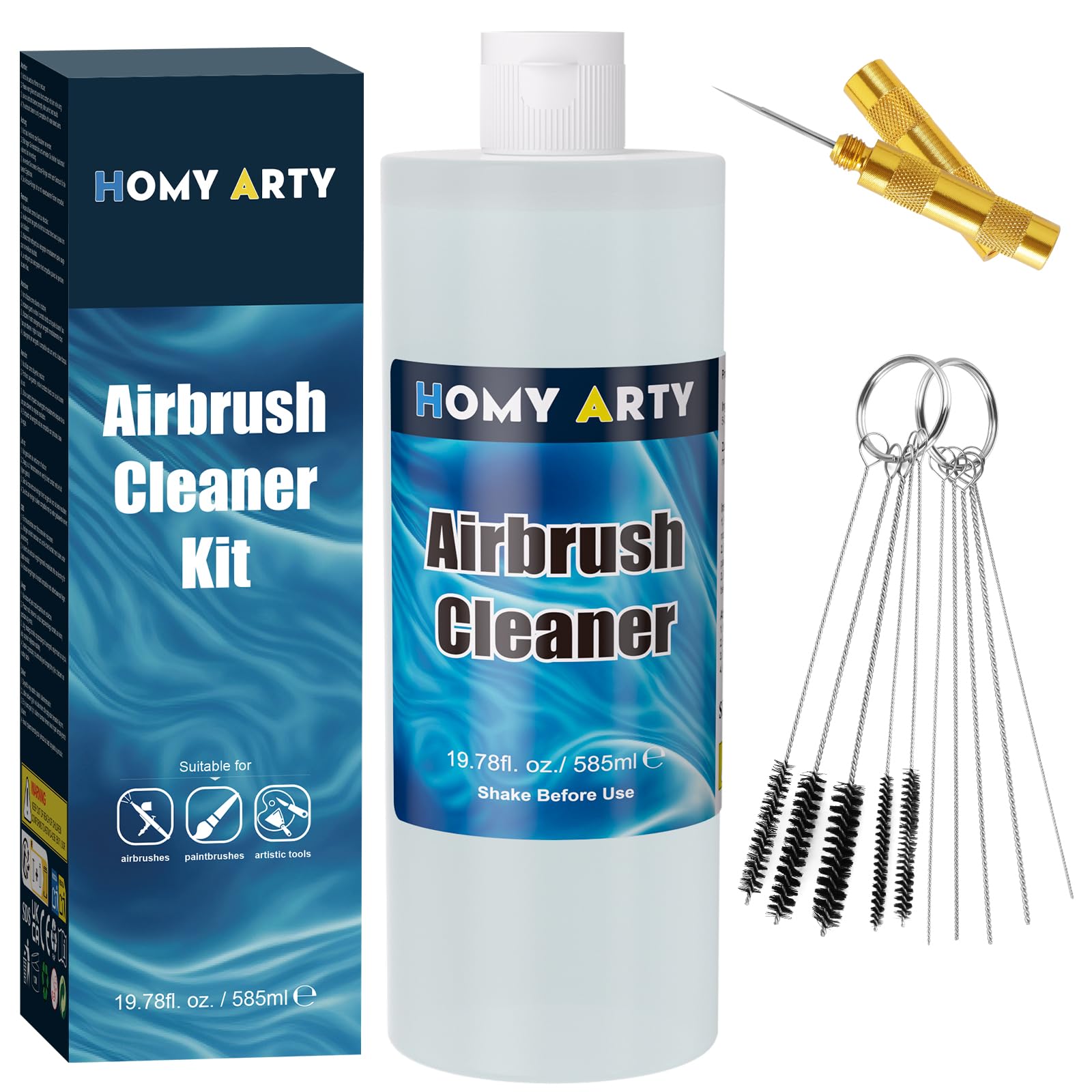 HOMY ARTY Airbrush Reiniger - mit Reinigungsbürsten und Reinigungsnadeln, Airbrush Reinigungsset für Acryl Airbrush Farben, Airbrushes, Pinsel und Kunstwerkzeuge - Airbrush Cleaner