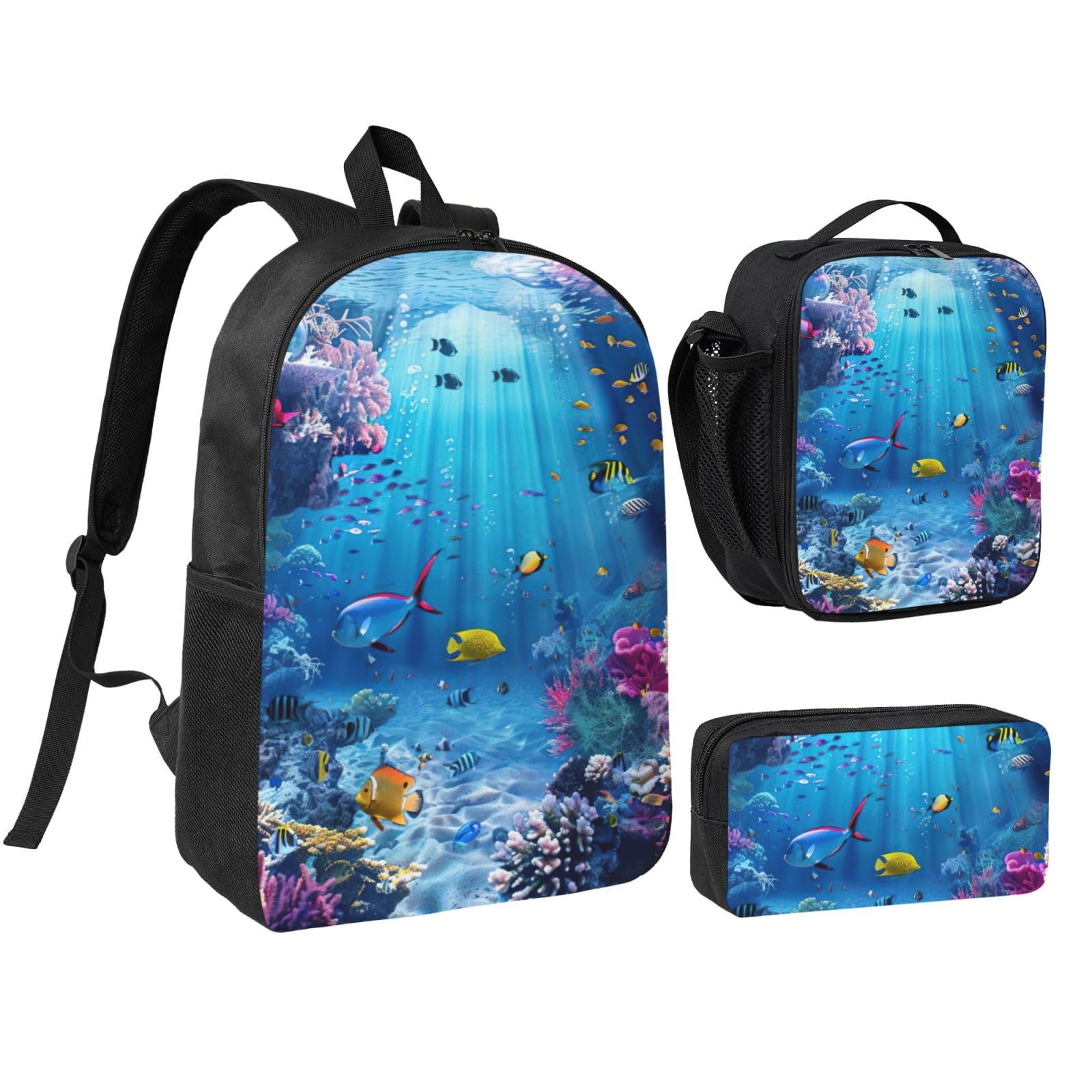 Kpxxaqt Men's Black Colorful Ocean Theme Print Convenience Backpack Set Lunch Bag Pen Case Teens Pencils Studying Supplies Snacks