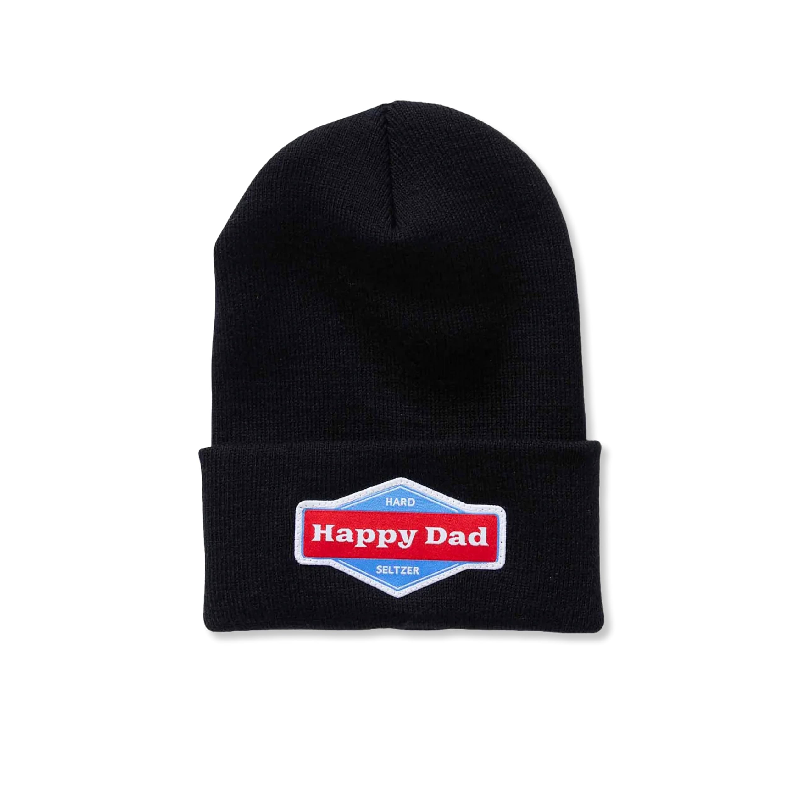 Happy Dad Black Beanie Hat, Trendy Mens Hats with Hypoallergenic Acrylic Material, Cuffed Dad Hat Graphic Beanie, Birthday Gifts for Men and Women, Patch Logo Winter Hat