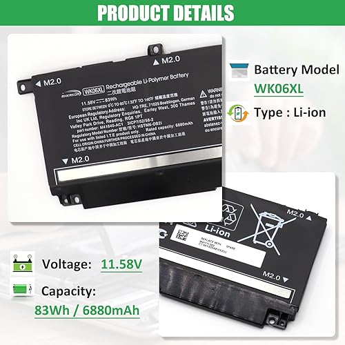 Miniatura 2 de WK06XL - Batería de repuesto para laptop HP Omen 16-b0xxx 16-b0000TX 16-B0047TX 16-C0xxx 16-C0167AX Omen 7 Plus 17-ck0xxx 17-CK0007NV 17T-CK100
