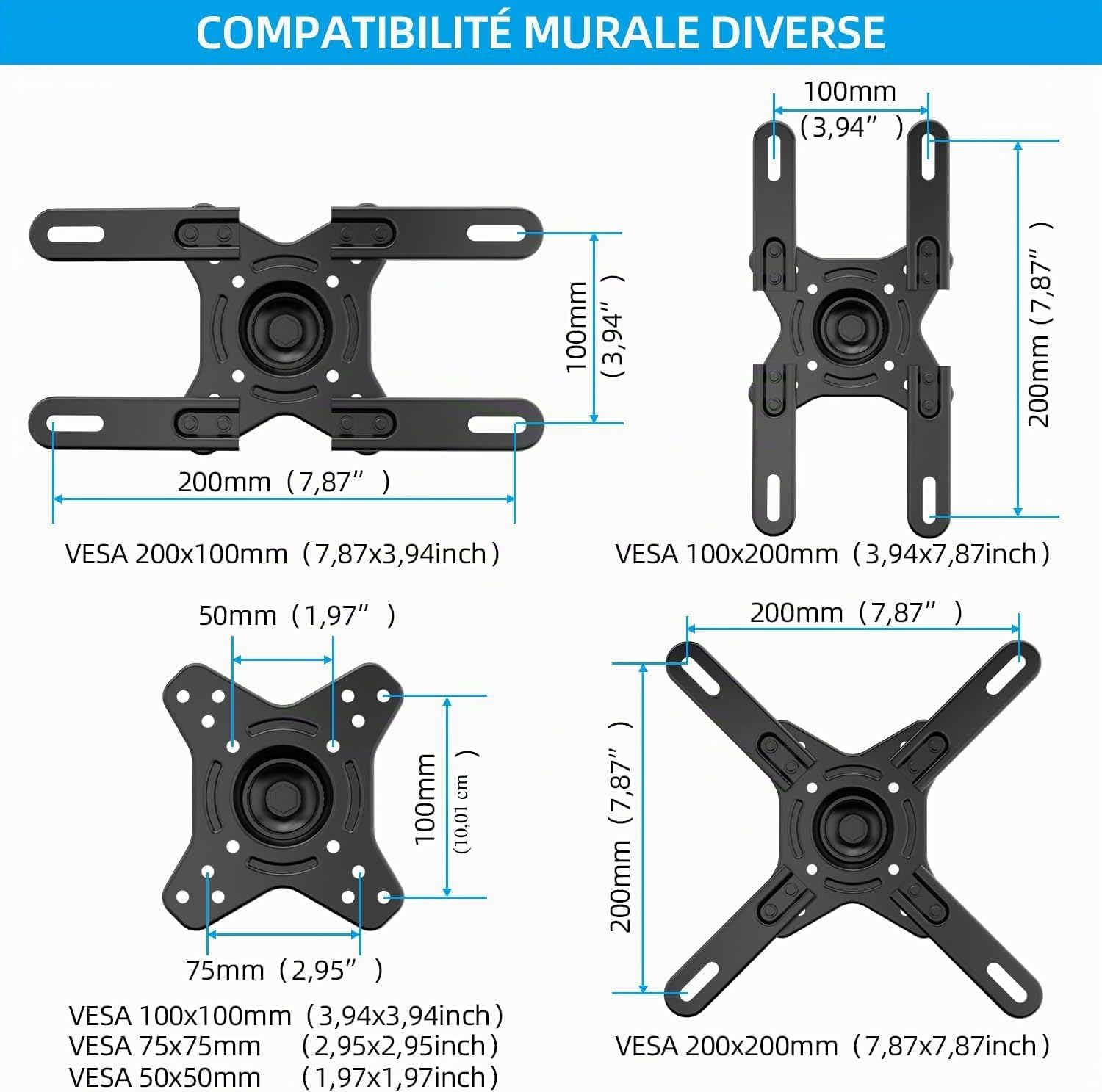 Support Mural TV d'angle Bras Long 17-42 Pouces, VESA 200x200, Charge 15 kg