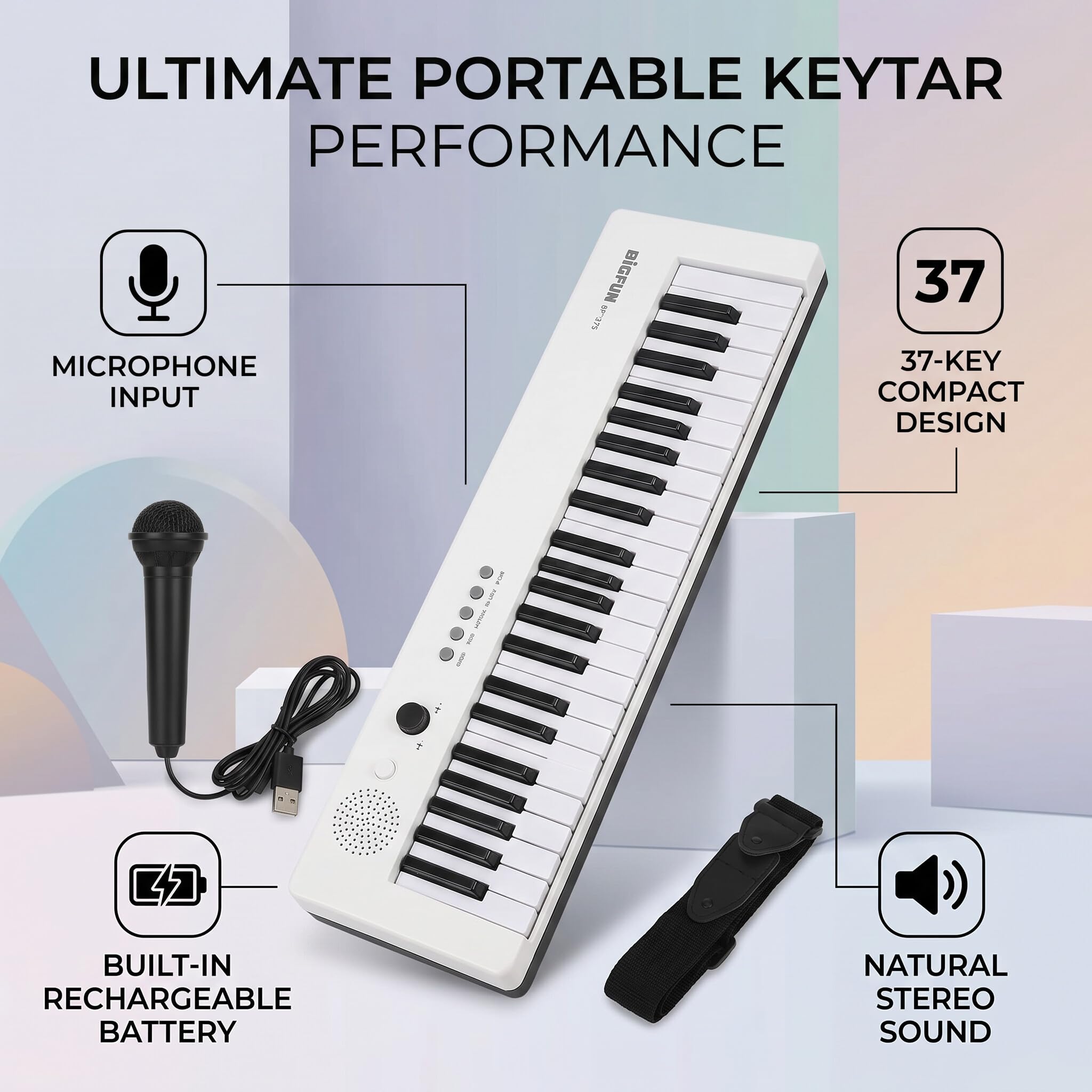 Eujgoov 37-klawiszowa klawiatura elektroniczna, przenośna klawiatura gitarowa, pianino elektroniczne, mini klawiatura, instrument muzyczny (BF-3755 biała)