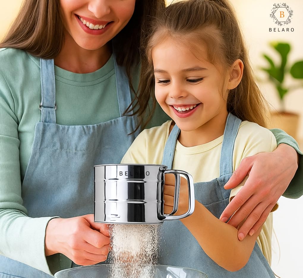 Mehlsieb, 3 Tassen Sieb zum Backen, Edelstahl Mehlsieb zum Backen von Kuchen, Gebäck, Kuchen, Cupcakes und Desserts, Puderzuckerstreuer Staubwedel, mit Handpress-Design