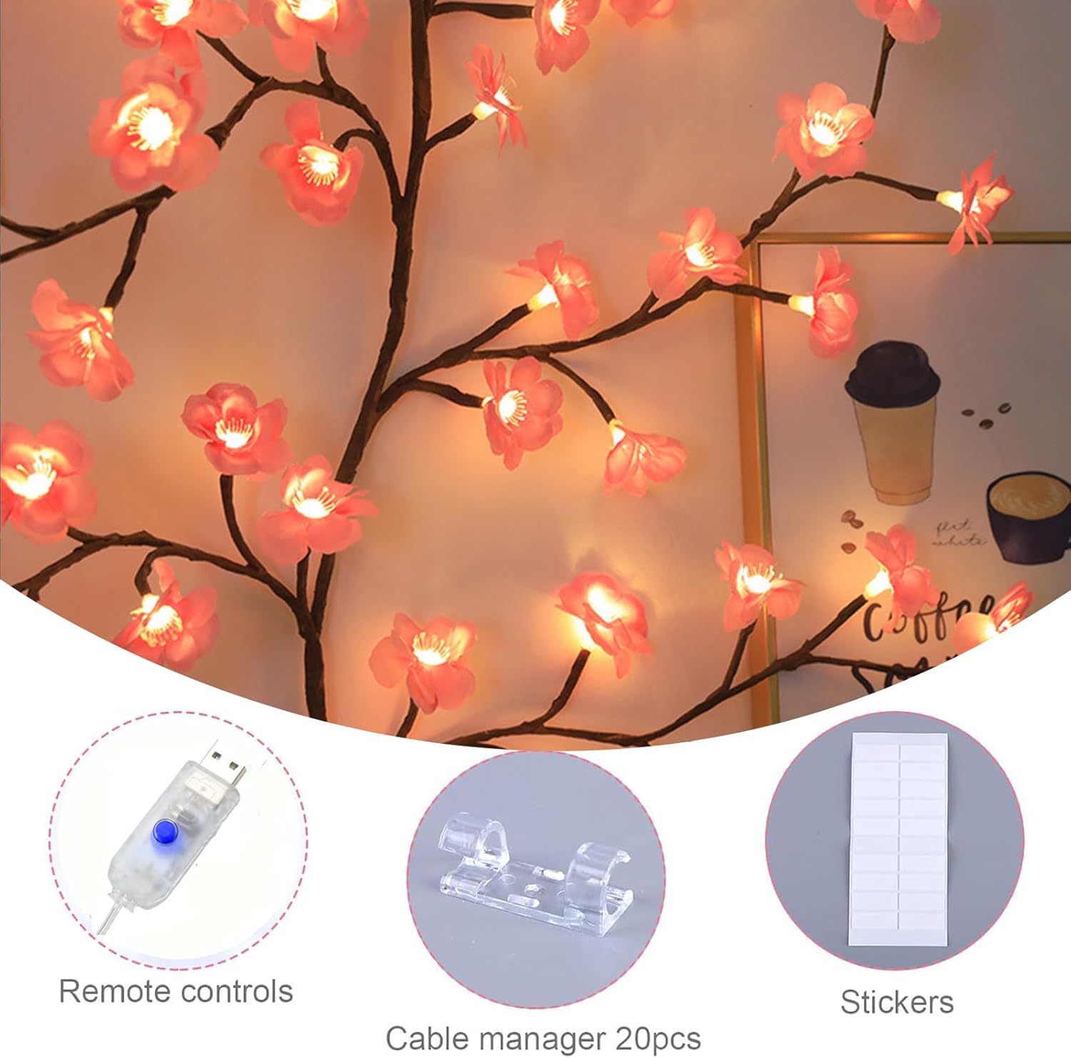 Cherry LED Tree Branch Lights for Wall,Cherry Blossom Vine Lights with 144 LED Flower String Lights and USB Powered,8 Lighting Modes for Bedroom Indoor Window Wedding Outdoor Decor (91in)