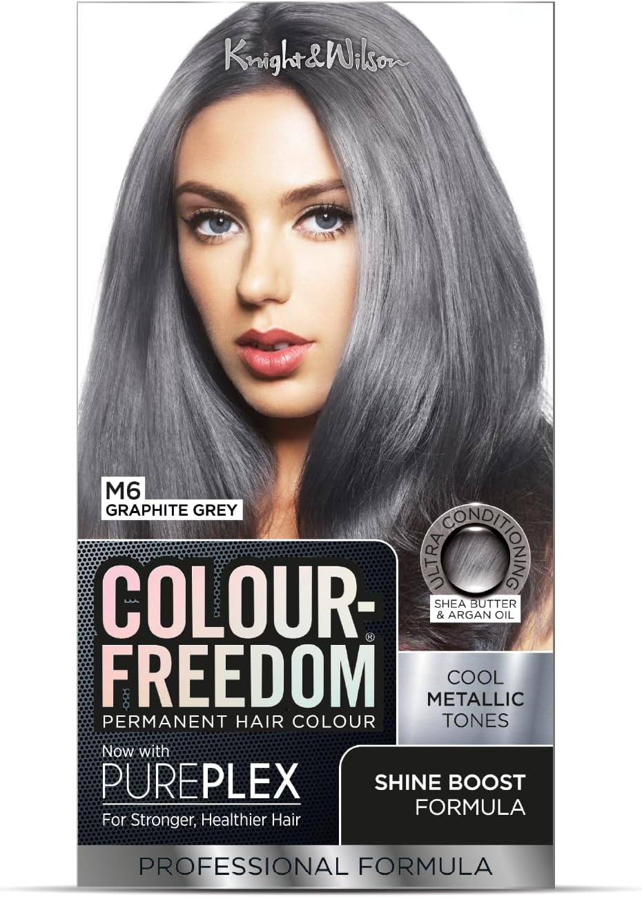 Colour Freedom Metallic Graphite Grey Permanent Hair Dye with PurePlex. Ultra Glossy Conditioning Hair Colour. 100% grey coverage. By Knight & Wilson.
