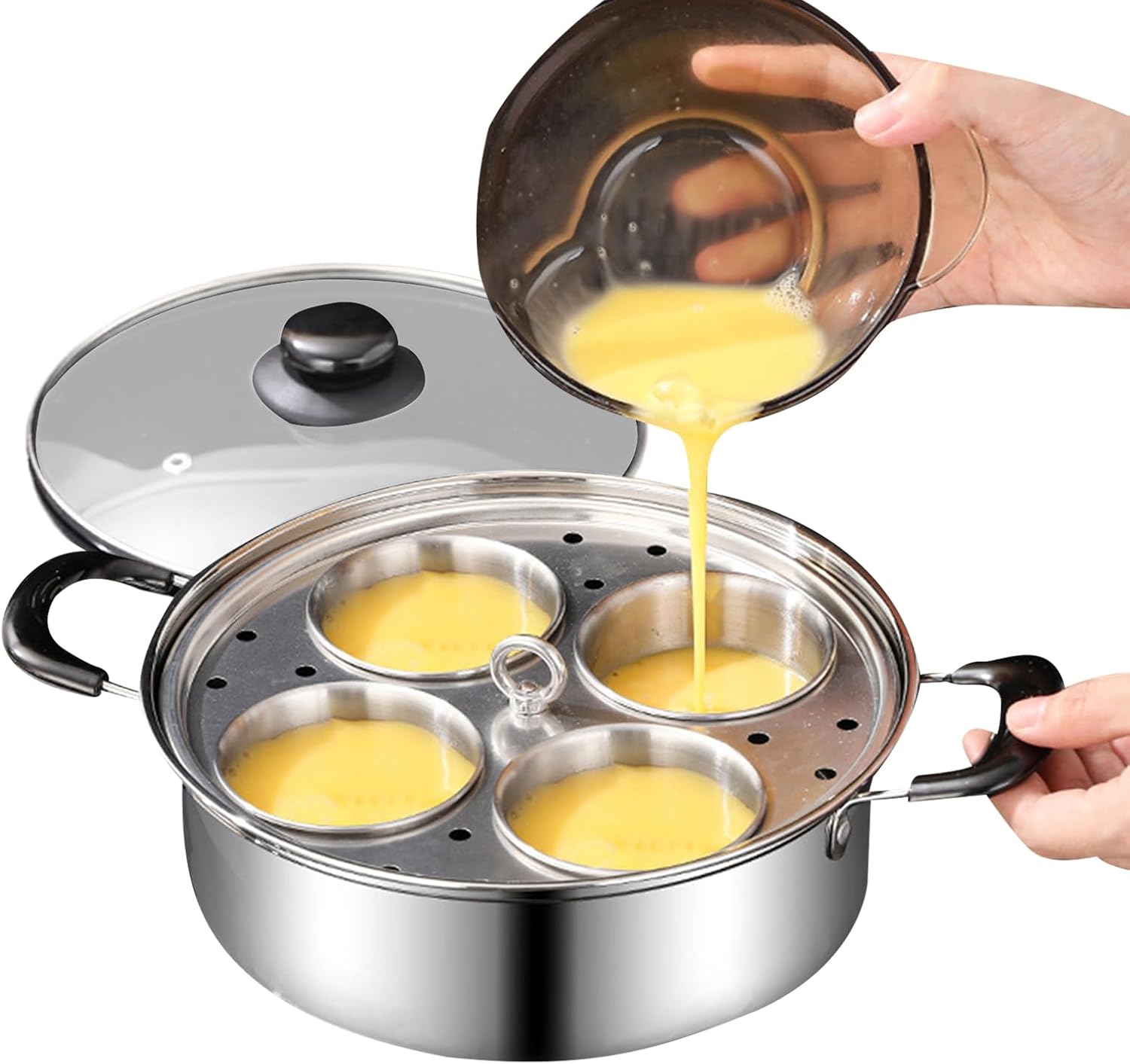Stainless Steel Egg Cooker - 4 Cup Poacher With Non Stick Inserts, Steamer Pan For Breakfast Prep, Brunch Serving, Soup Heating, Kitchen Tasks, Safe Grip Handle, Easy Cleaning, Compact Storage