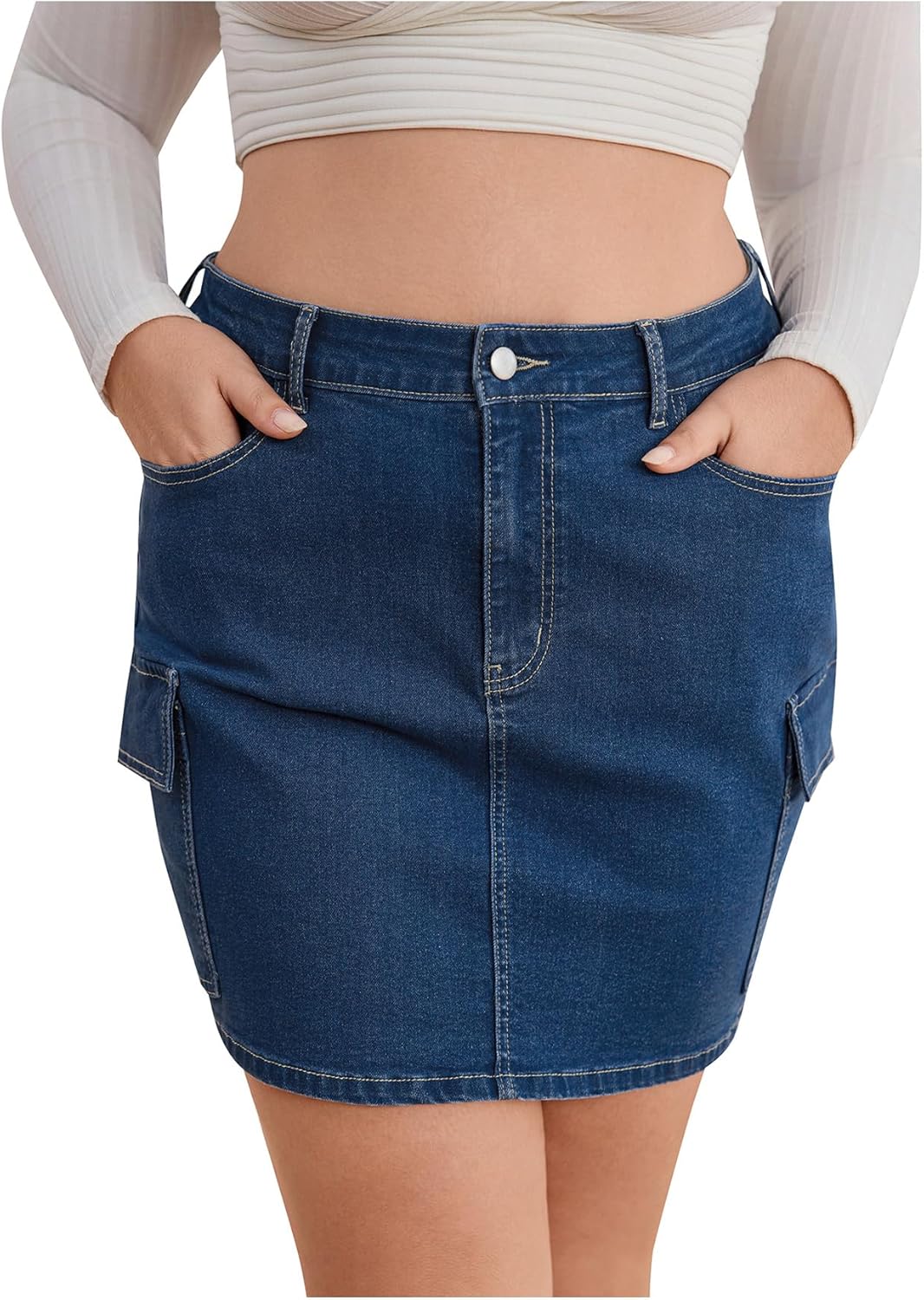 WDIRARA Women's Plus Size High Waist Cargo Denim Skirt Flap Pockets Zipper Fly Bodycon Mini Jean Skirt