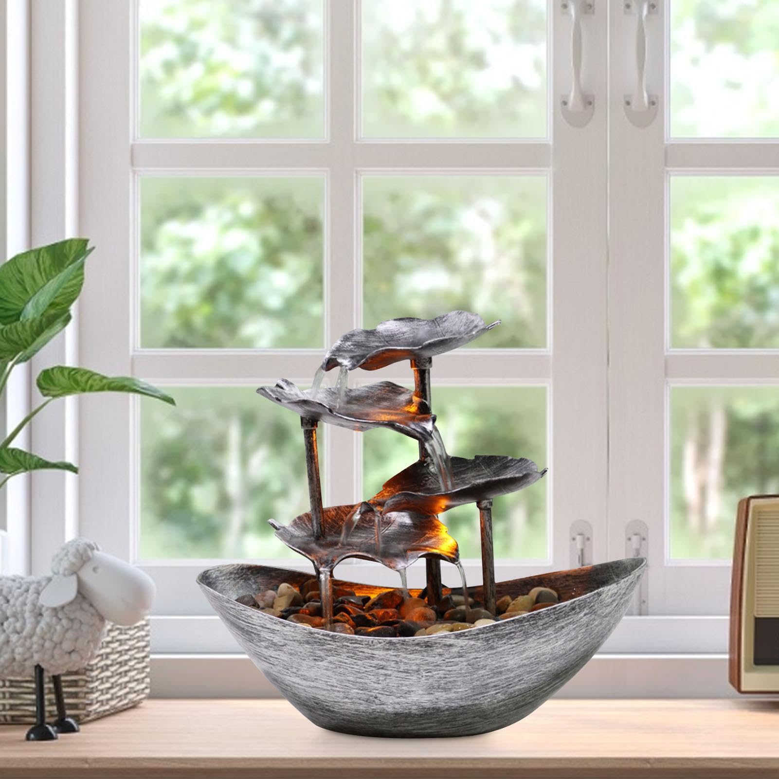 Fuente pequeña de cascada para interiores? Fuente de mesa de 4 niveles | Fuente de escritorio de relajación con bomba automática USB, luces LED, llave, decoración dorada y plateada de 10 pulgadas pa