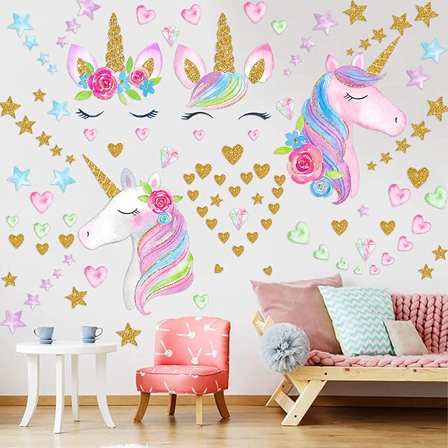Wajade Unicorn Wall Stickers for Girls Bedroom Star & Heart Unicorn Wall Decal Stickers for Kids Removable Wallpaper Decals Art for Children Bedrooms Nursery Christmas Birthday Party Decoration