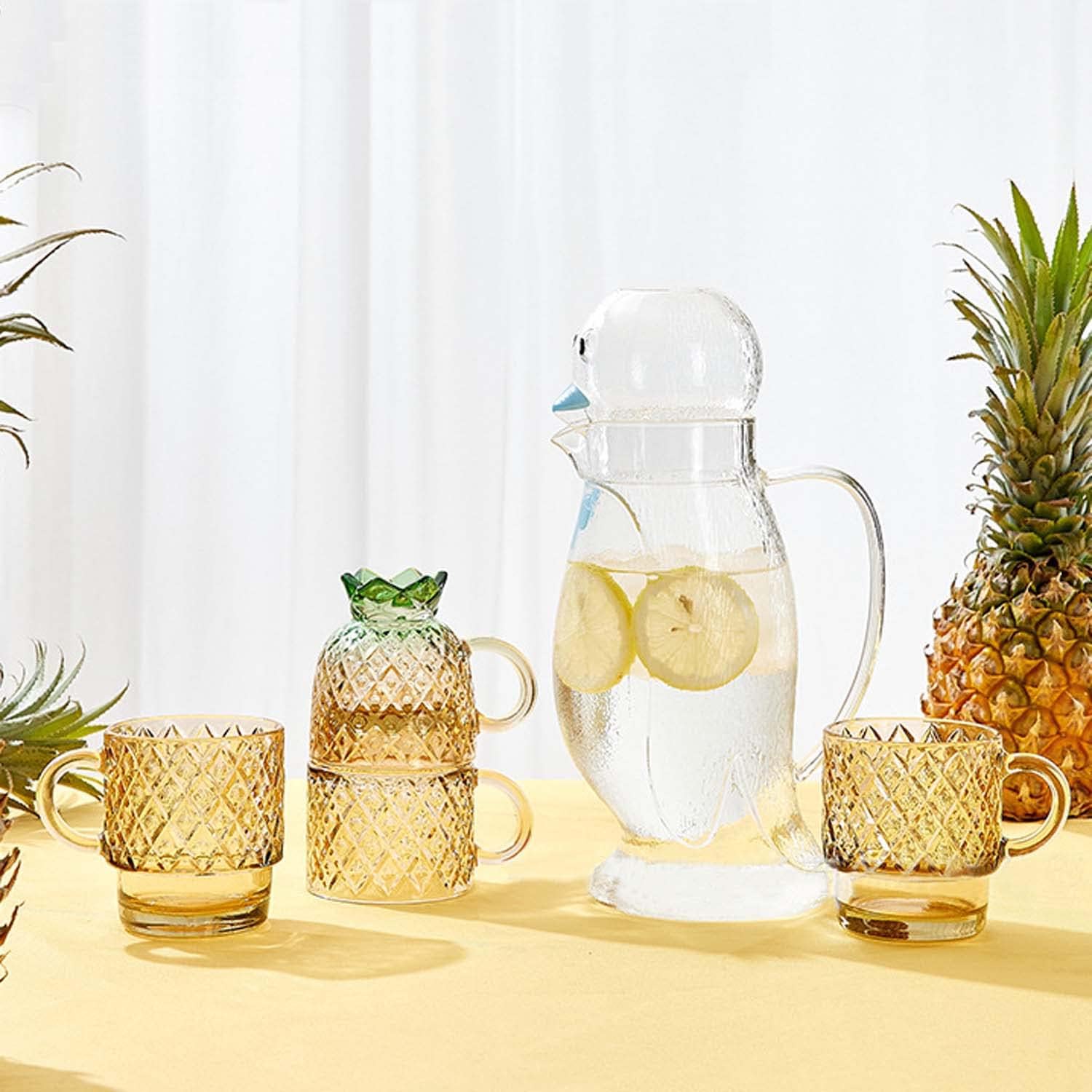 Coffee Mug,Drinking Glasses 4-Piece Set - Fish Type Glass Cups, 7oz Beer Glasses, Tumbler Cup, Cocktail Glasses, Iced Coffee Glasses, Iced Tea Glasses Wine Cups, Goblet Cup Gift For Women(Gold Pineapp